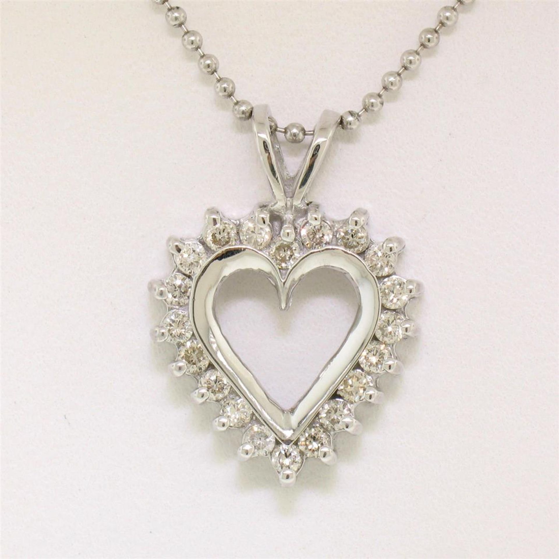 14k White Gold 0.40 ctw Round Brilliant Diamond Open Heart Pendant 16" Bead Chai - Image 3 of 6