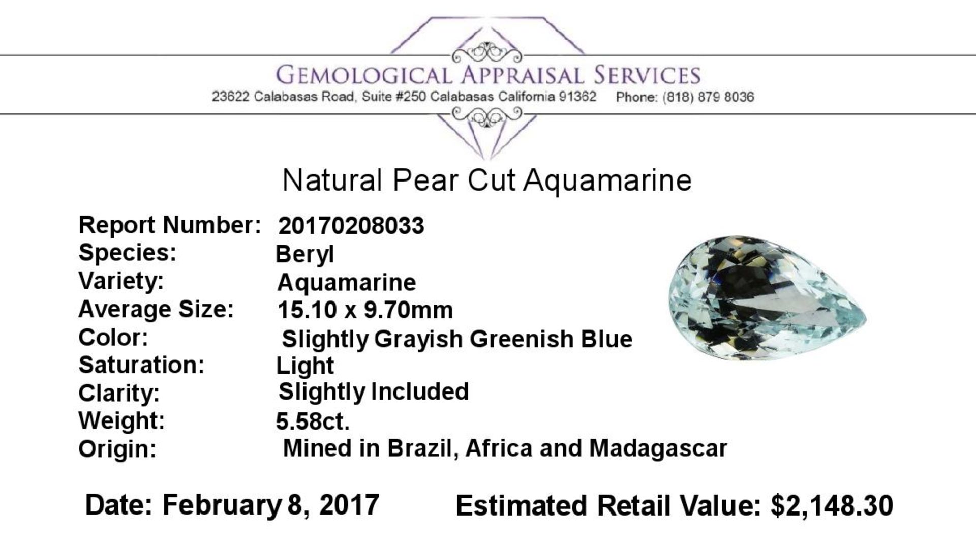 5.58 ct.Natural Pear Cut Aquamarine - Image 2 of 2