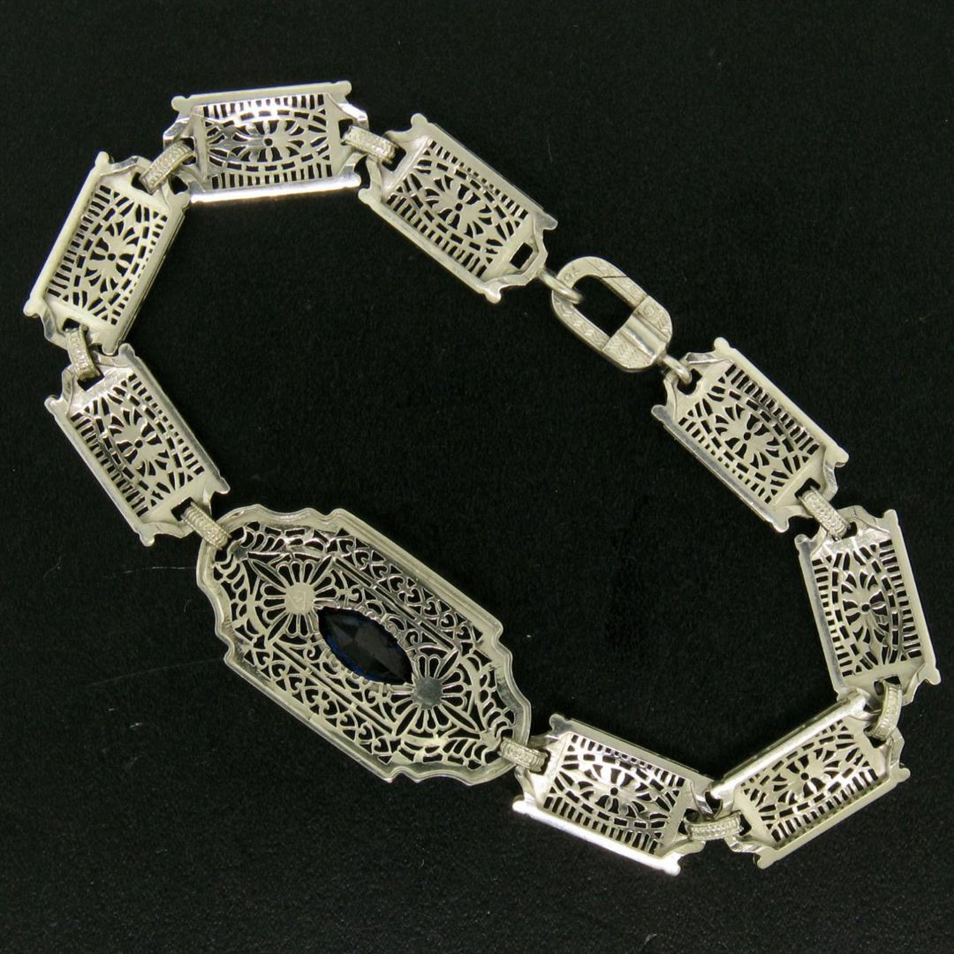 10k White Gold Filigree Link Bracelet w/ Marquise Sim Sapphire - Image 9 of 9