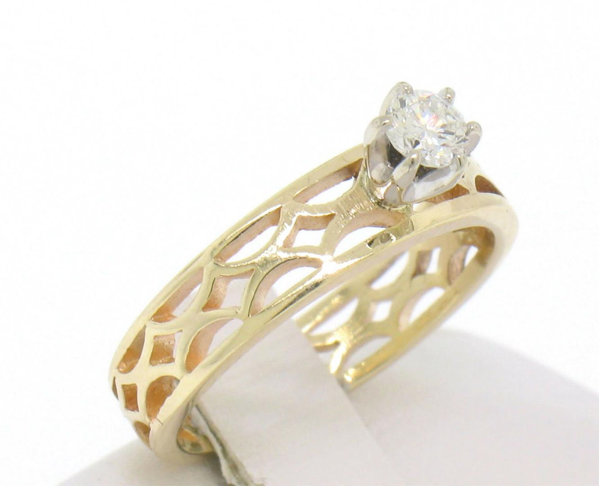 Estate 14k Solid Yellow Gold Solitaire Diamond Ring with Pierced Open Work Look - Image 2 of 5