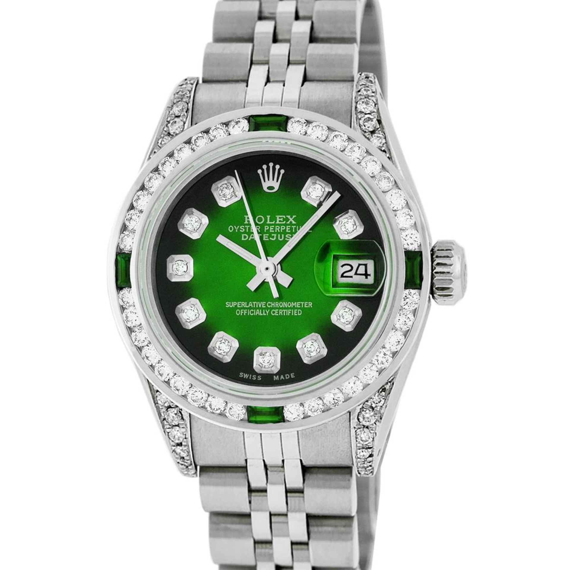 Rolex Ladies SSS Green Vignette Diamond Lugs & Emerald Datejust Wristwatch - Image 2 of 9