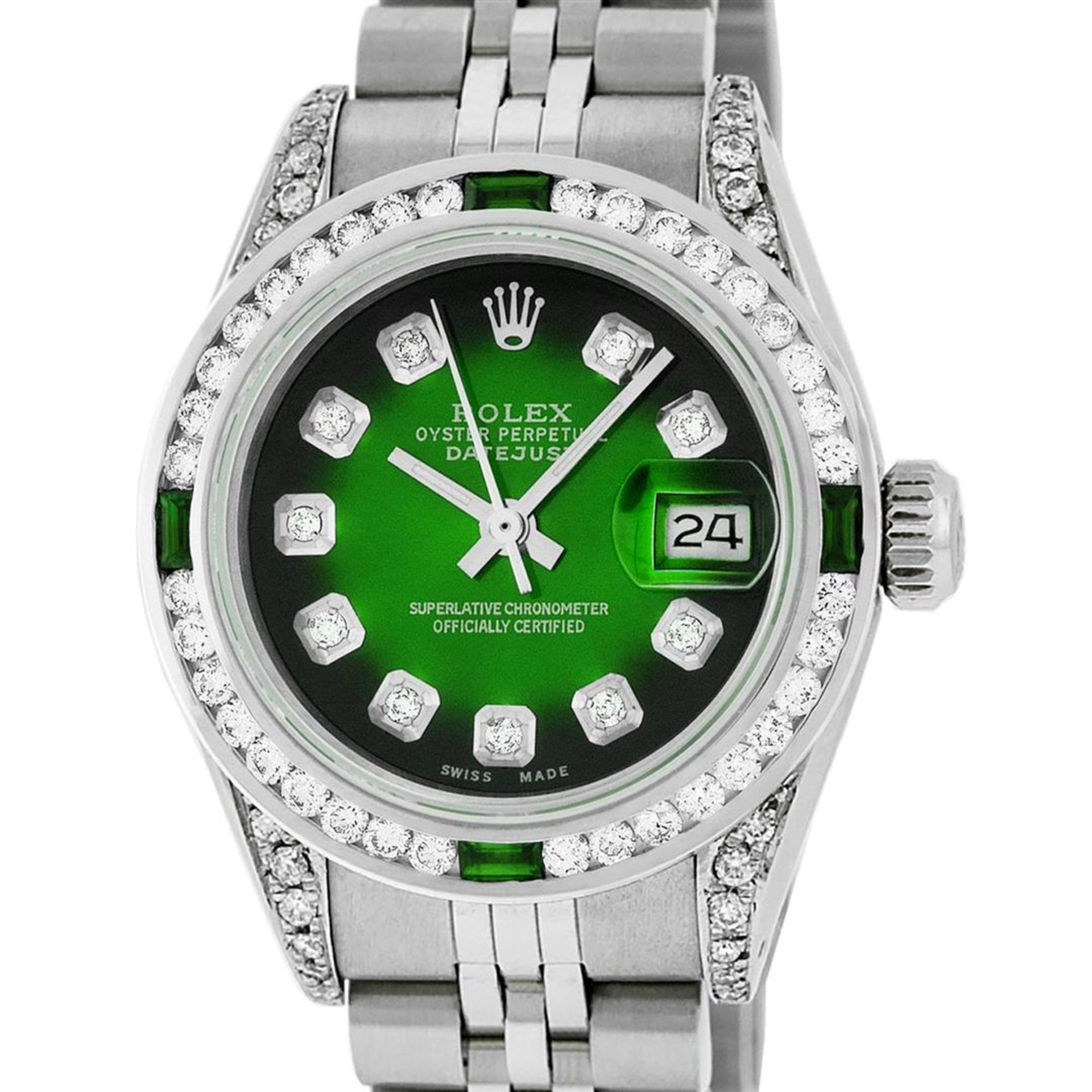 Rolex Ladies SSS Green Vignette Diamond Lugs & Emerald Datejust Wristwatch