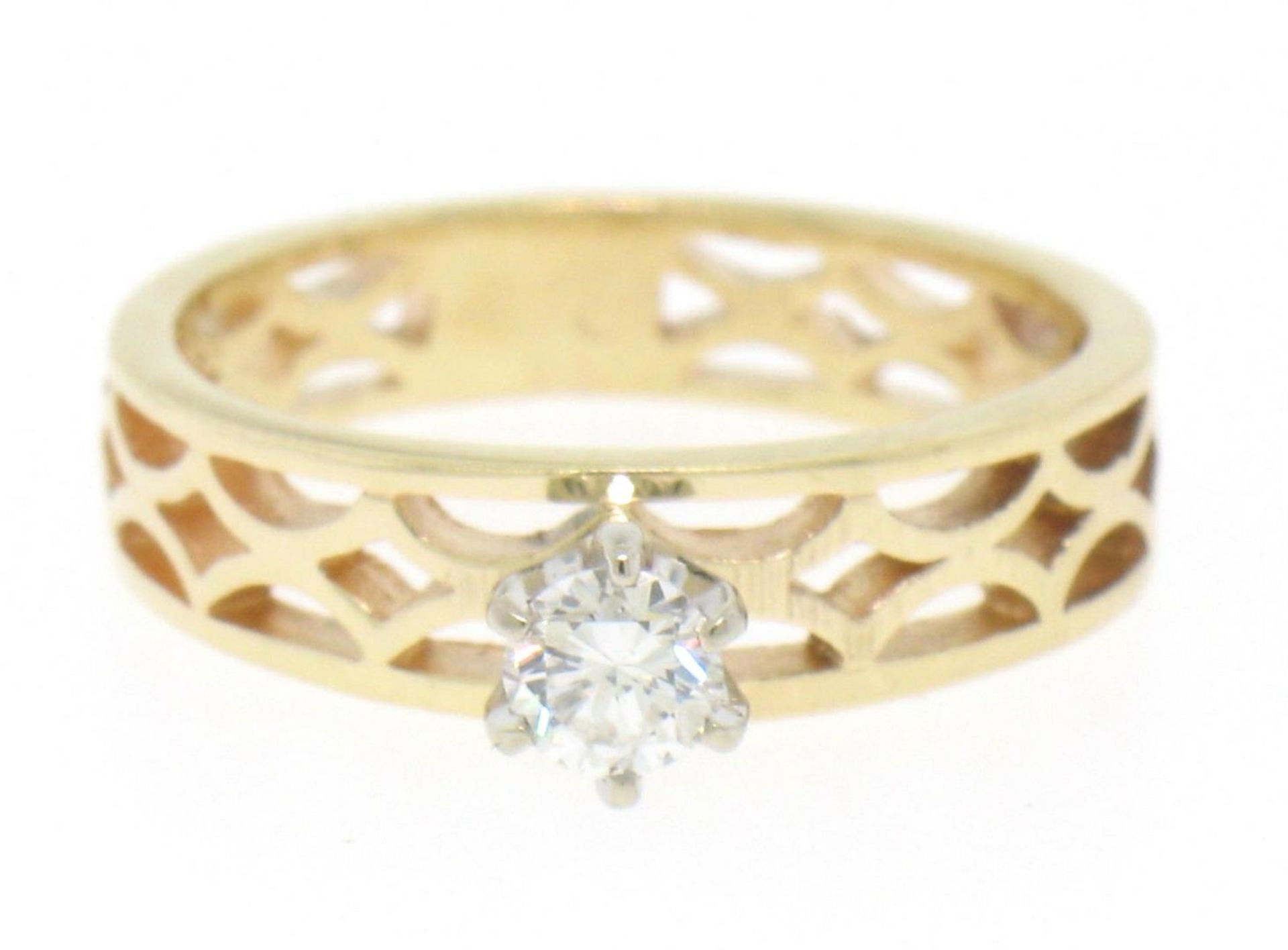 Estate 14k Solid Yellow Gold Solitaire Diamond Ring with Pierced Open Work Look - Image 3 of 5