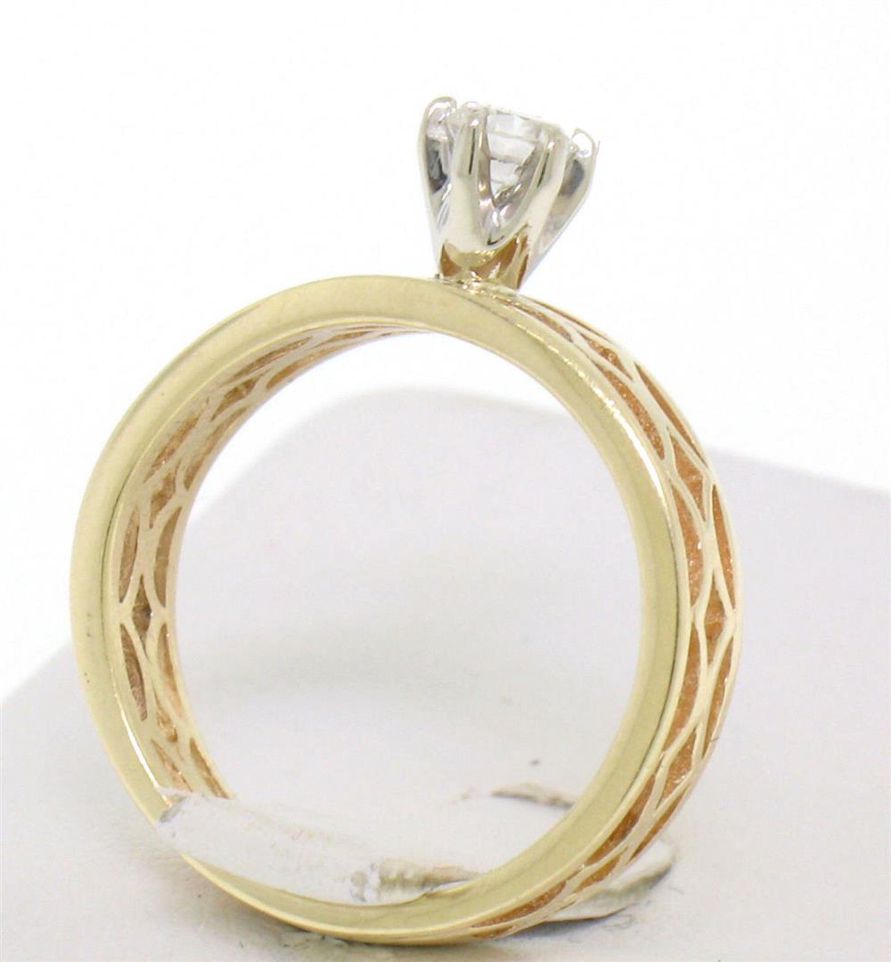 Estate 14k Solid Yellow Gold Solitaire Diamond Ring with Pierced Open Work Look - Image 4 of 5