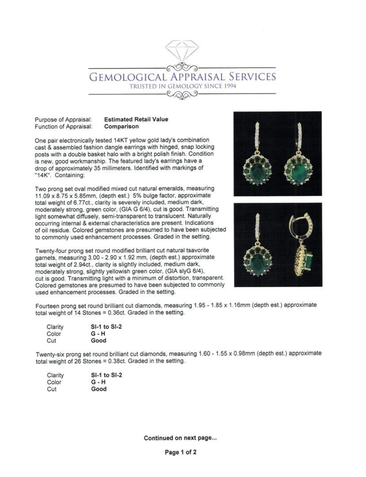 9.71 ctw Emerald and Diamond Earrings - 14KT Yellow Gold - Image 3 of 4