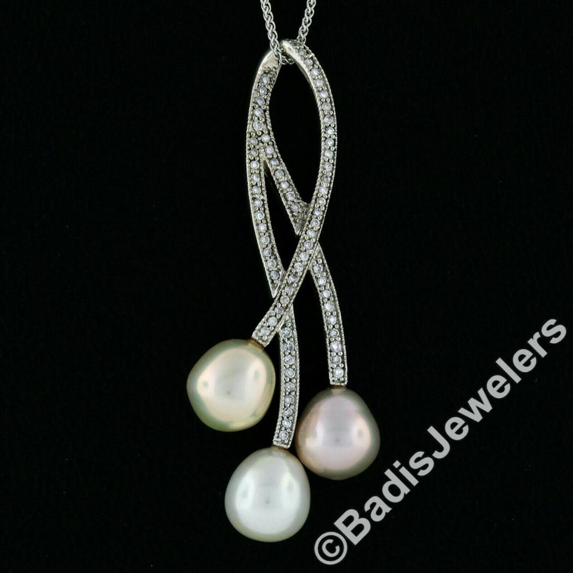 14kt White Gold 0.55ctw Diamond & Tri-Color Pearl Tulip Flower Pendant Necklace - Image 2 of 7