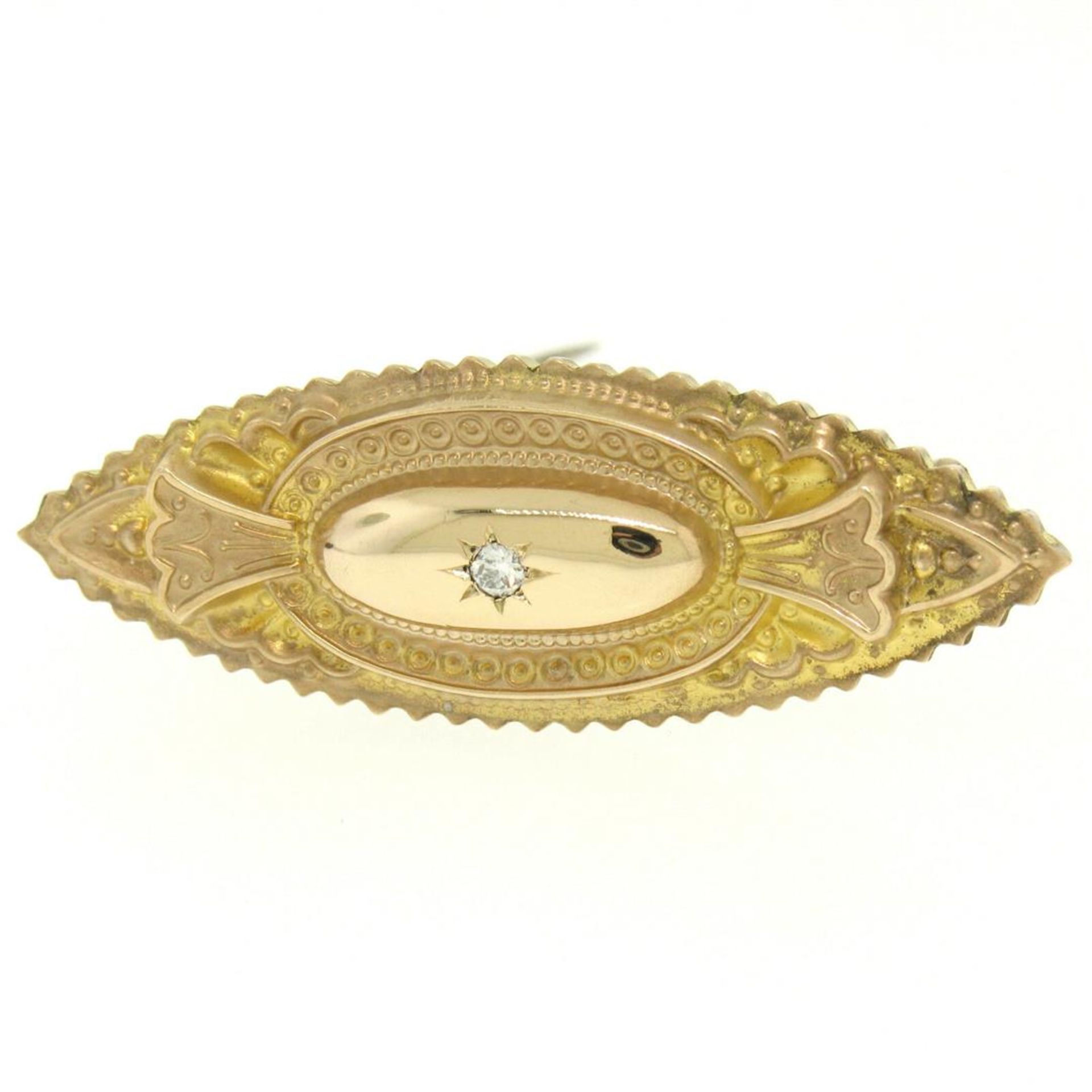 9k Yellow Gold .10ct Diamond Marquise Shaped Etched Brooch Pin
