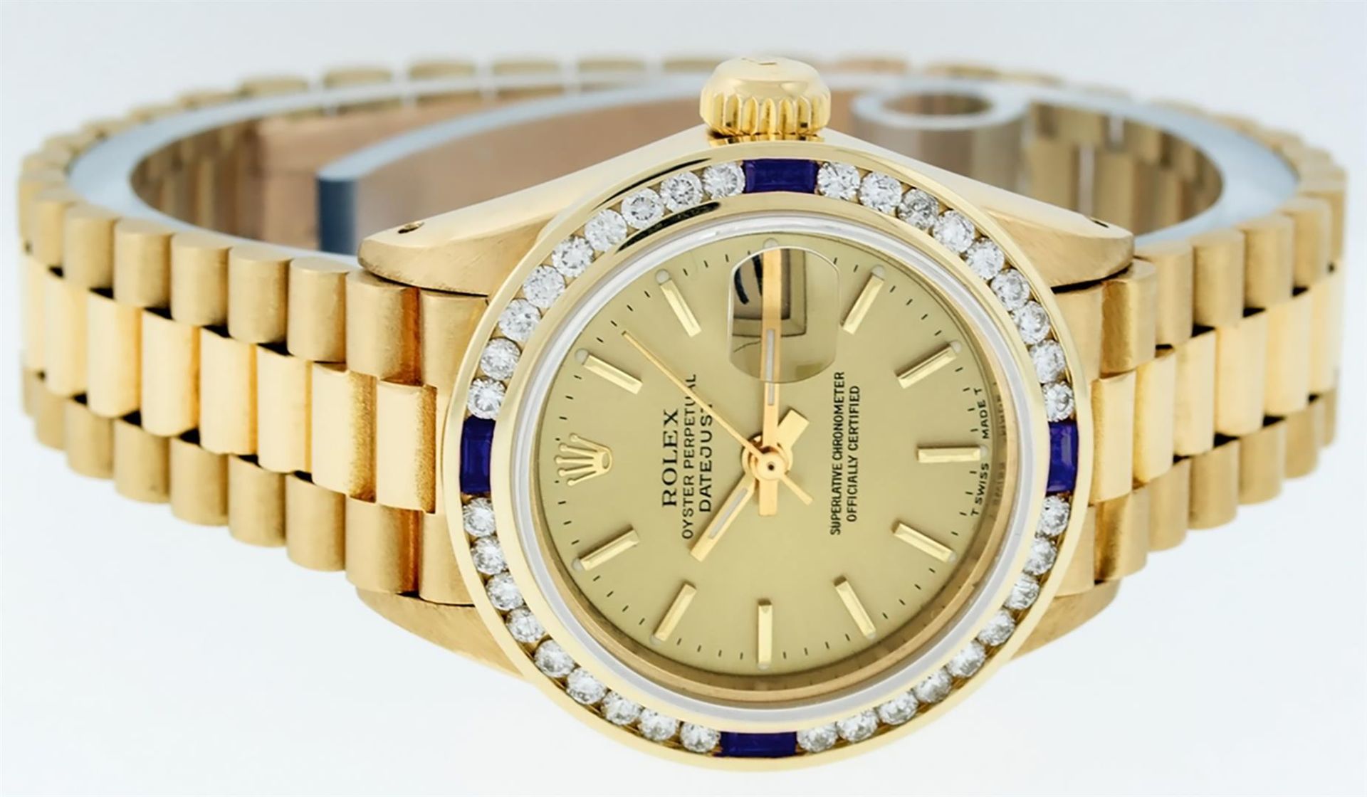 Rolex Ladies 18K Yellow Gold Sapphire And Champagne Index President Wristwatch W - Image 9 of 9