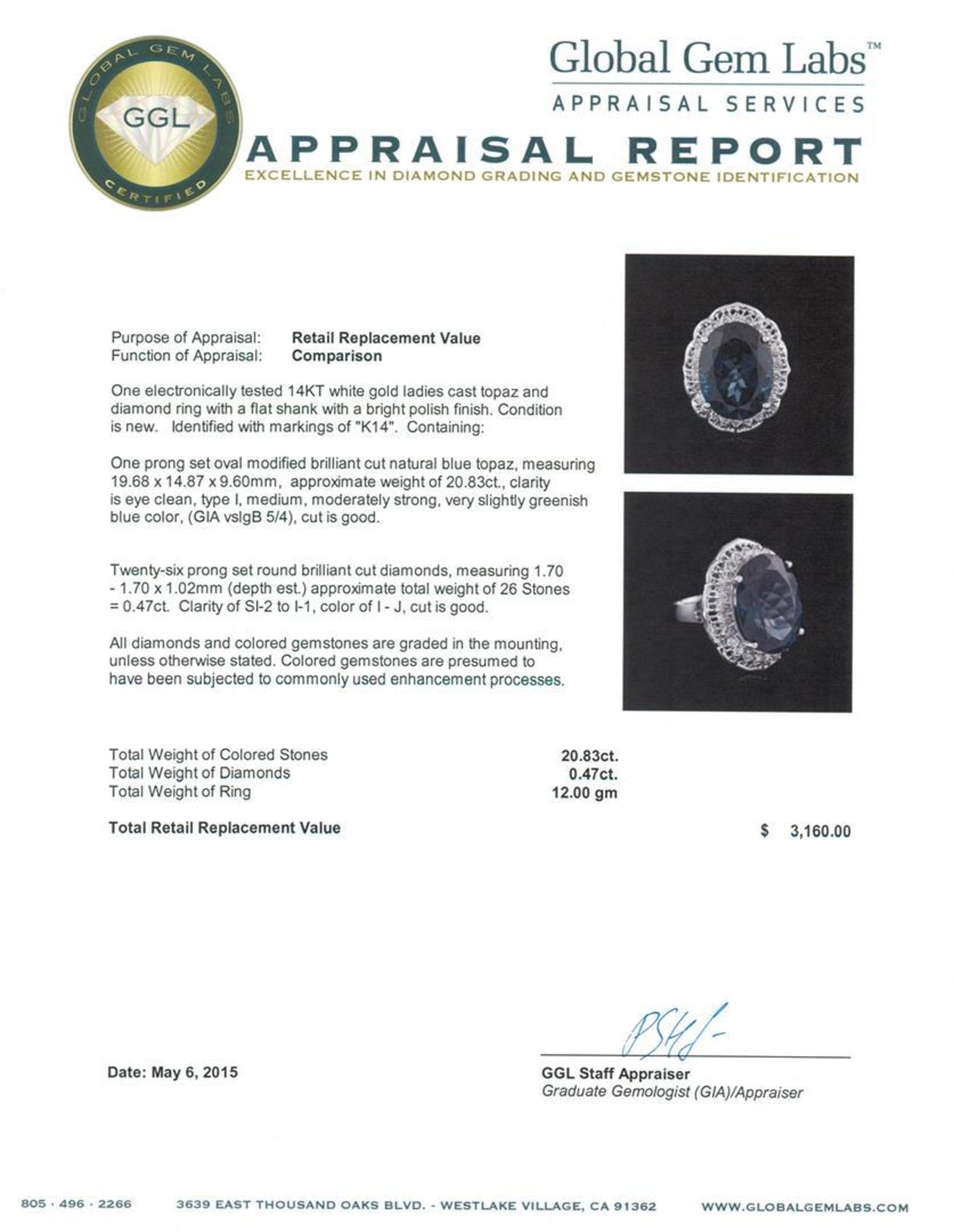 14KT White Gold 20.83 ctw Topaz and Diamond Ring - Image 3 of 3