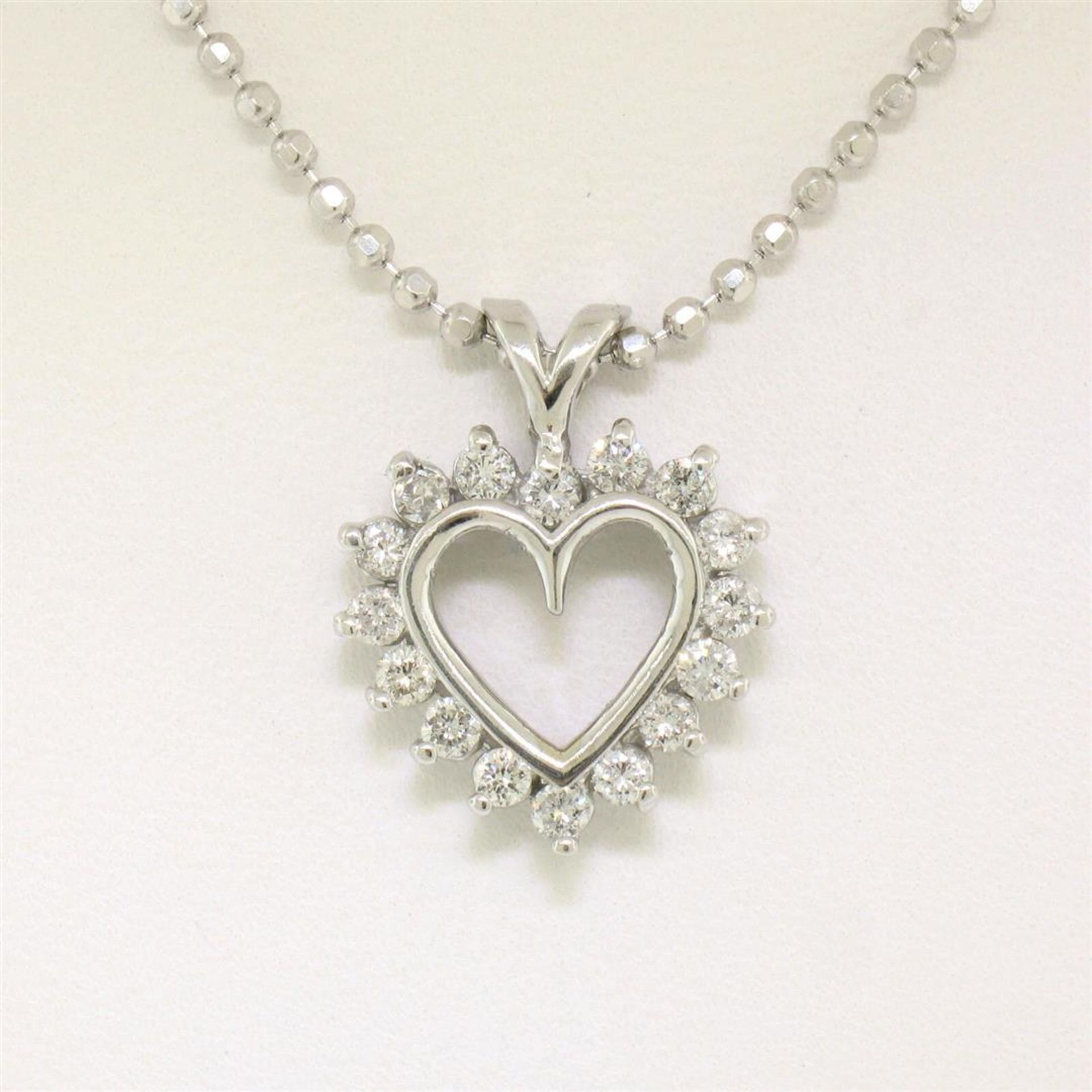 14k White Gold 0.40ctw Round Brilliant Diamond Open Heart Pendant 18" Bead Chain - Image 3 of 7