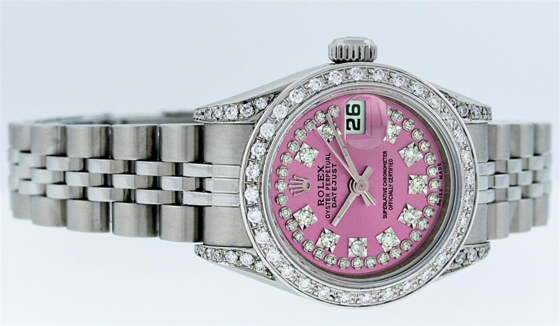 Rolex Ladies Stainless Steel Quickset Pink String Diamond Lugs Datejust Wristwat - Image 6 of 9