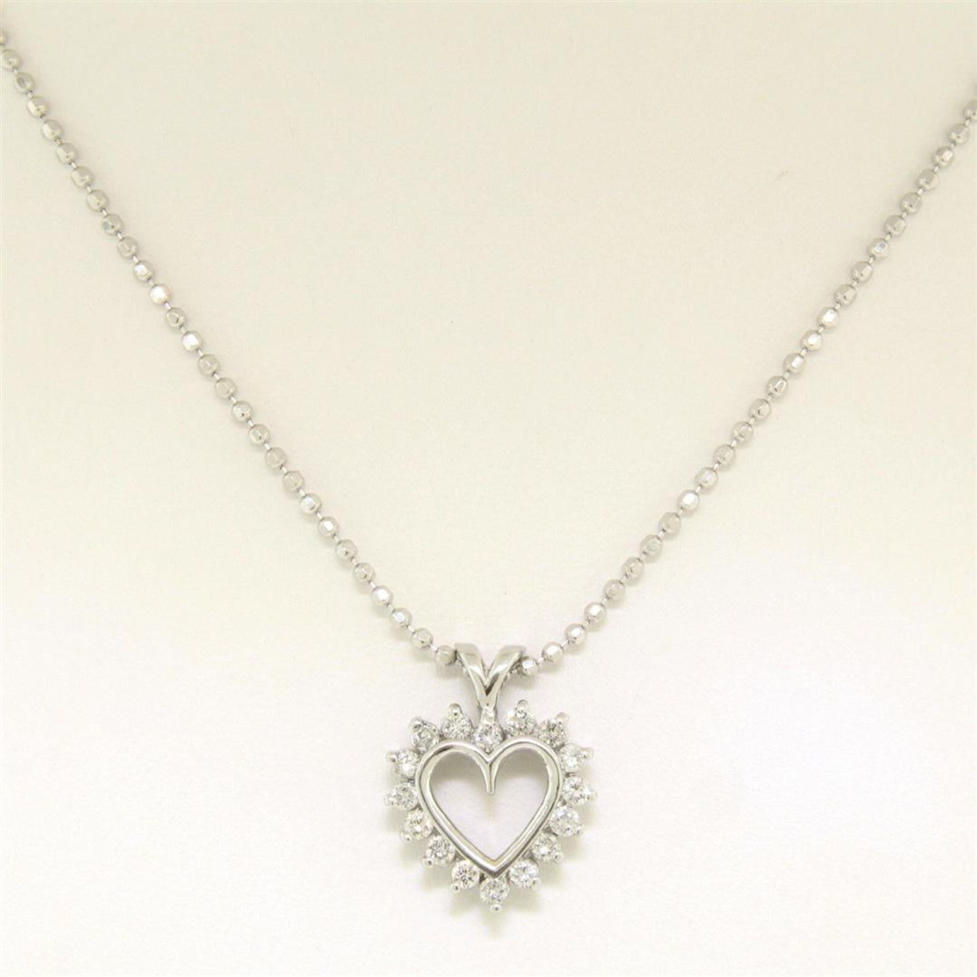 14k White Gold 0.40ctw Round Brilliant Diamond Open Heart Pendant 18" Bead Chain - Image 4 of 7