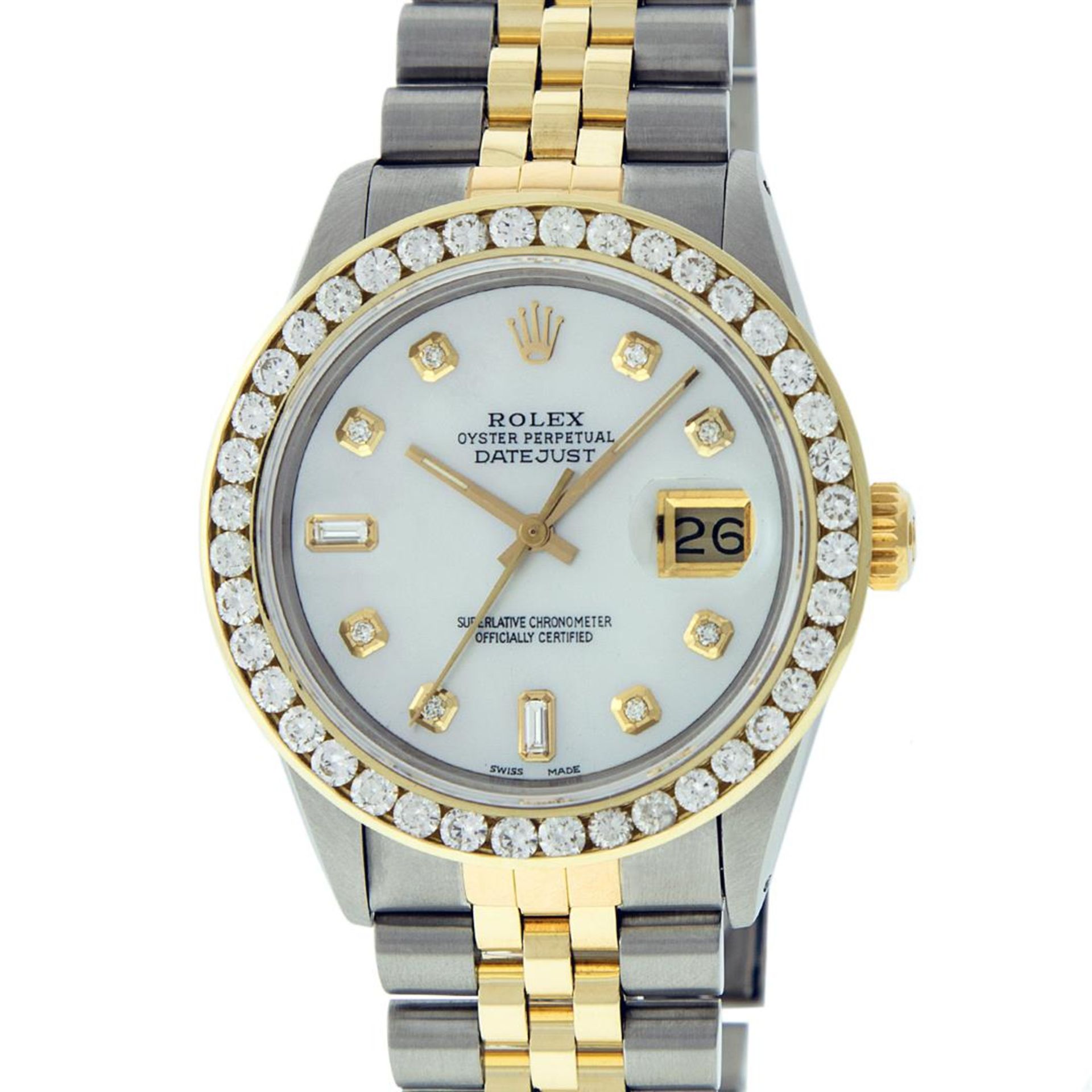 Rolex Mens 2 Tone Mother Of Pearl 3ctw Channel Set Diamond Datejust Wristwatch