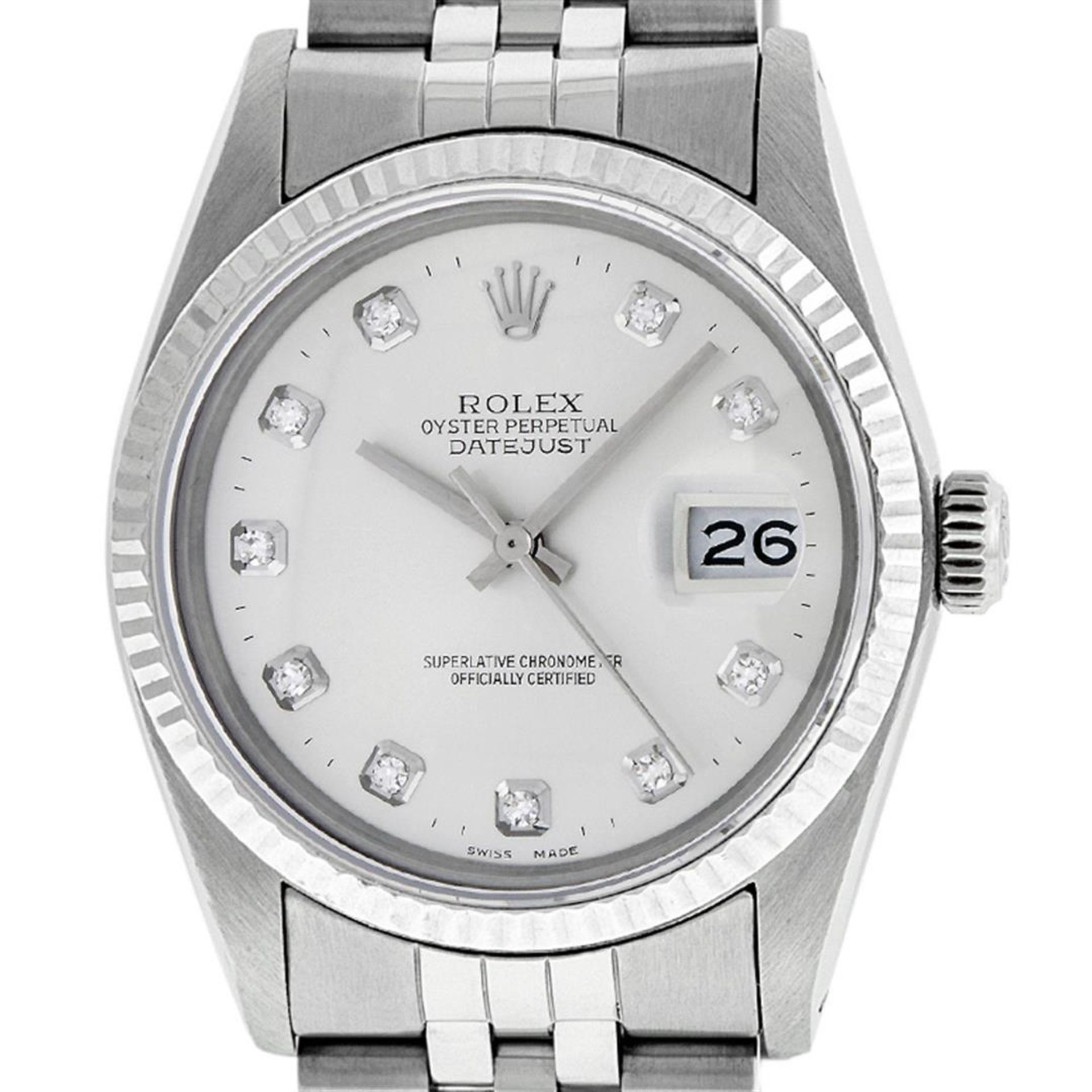 Rolex Mens Stainless Silver Diamond 36MM Datejust Wristwatch