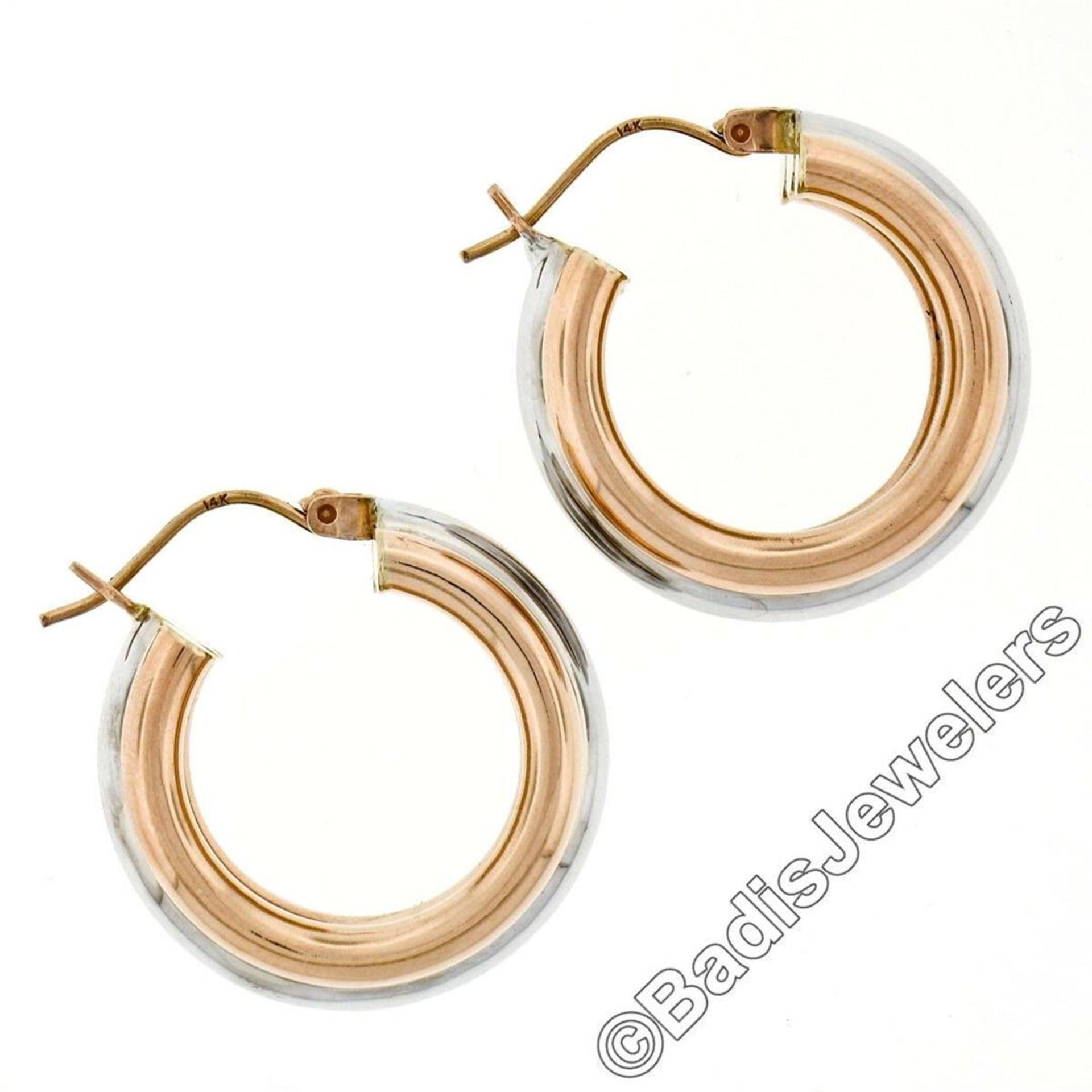 New 14kt Rose & White Gold Triple Puffed Tube Round Hoop Earrings - Image 5 of 5