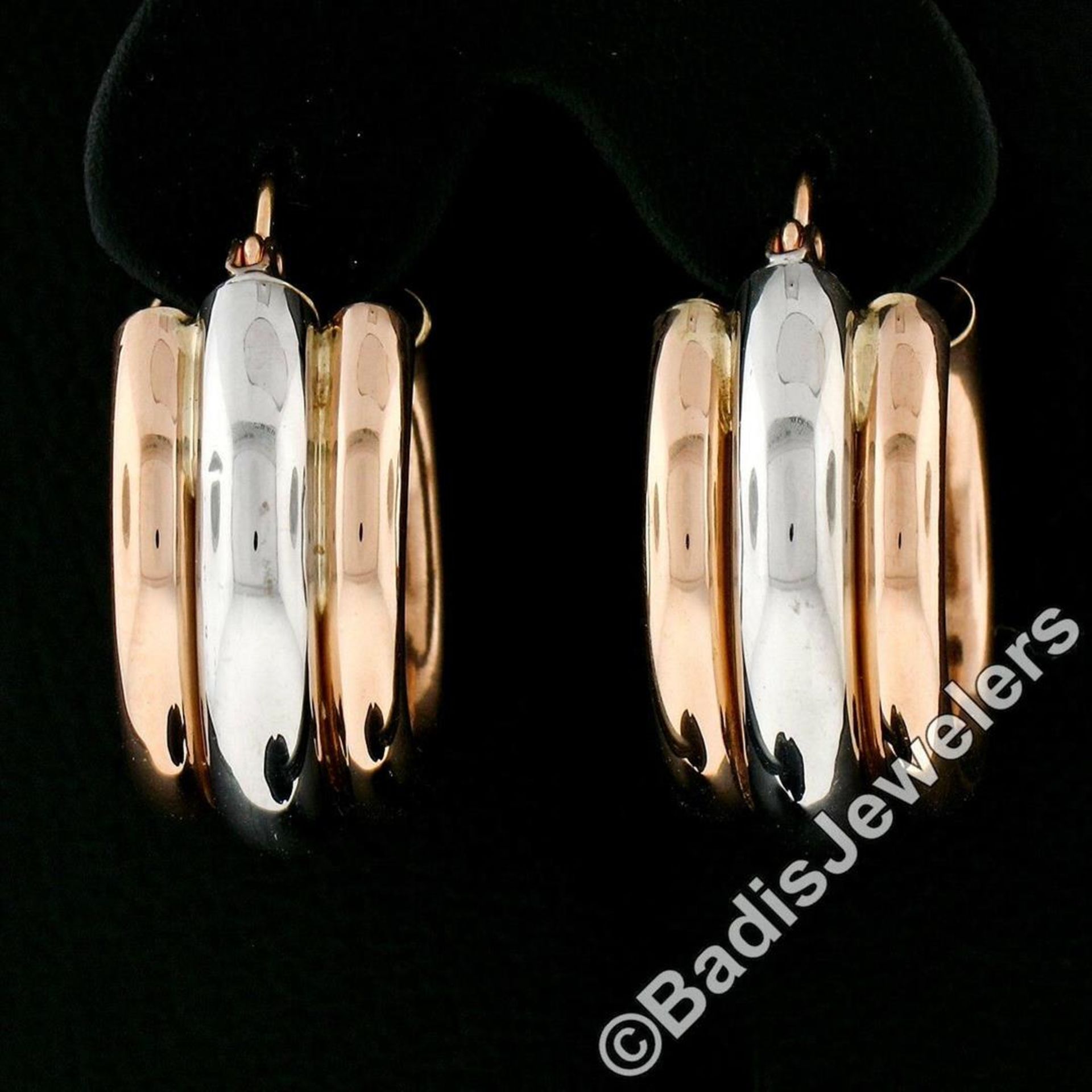 New 14kt Rose & White Gold Triple Puffed Tube Round Hoop Earrings - Image 2 of 5