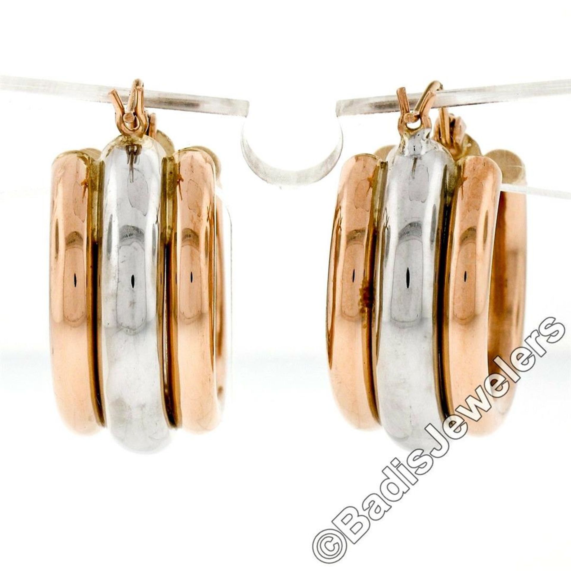 New 14kt Rose & White Gold Triple Puffed Tube Round Hoop Earrings - Image 3 of 5