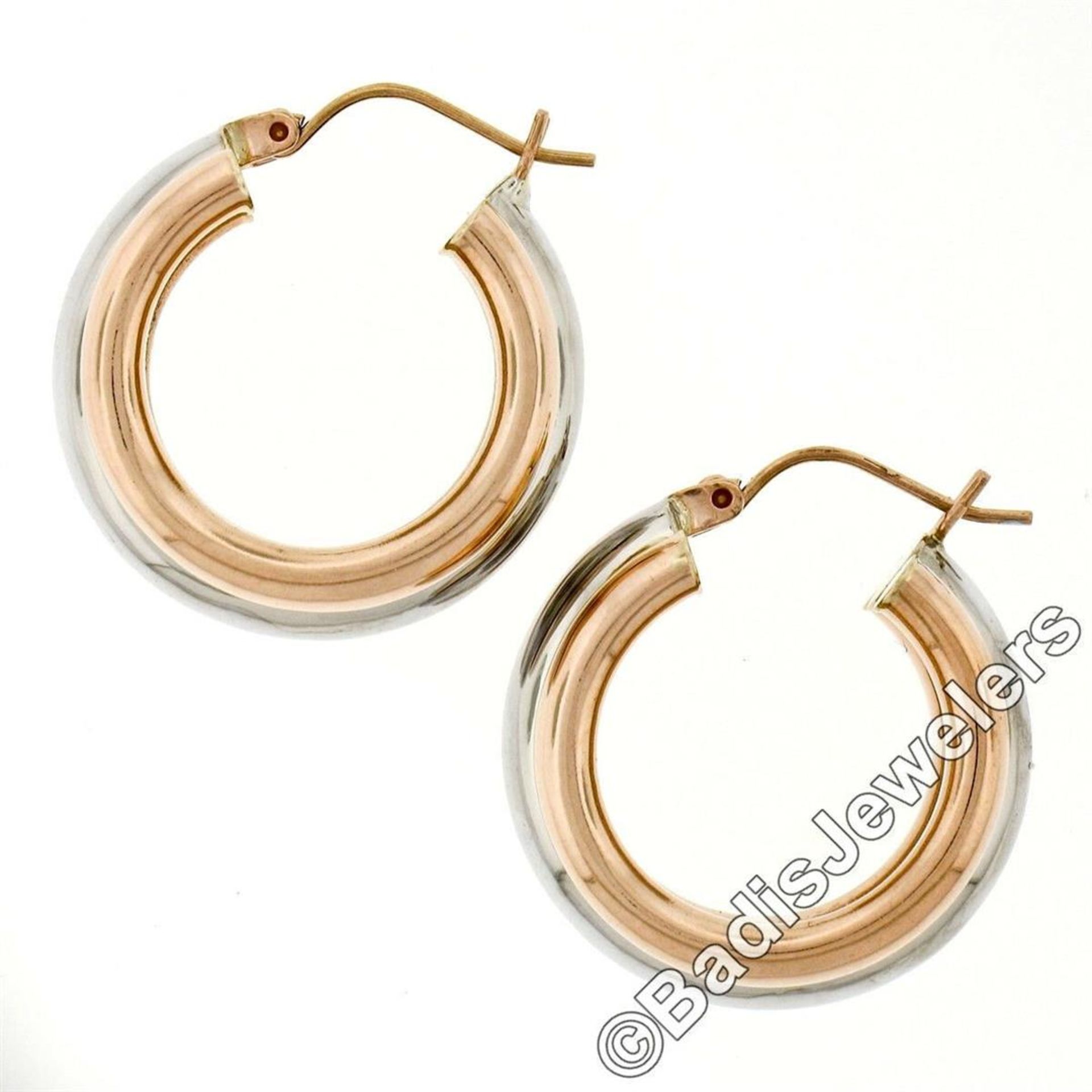 New 14kt Rose & White Gold Triple Puffed Tube Round Hoop Earrings - Image 4 of 5