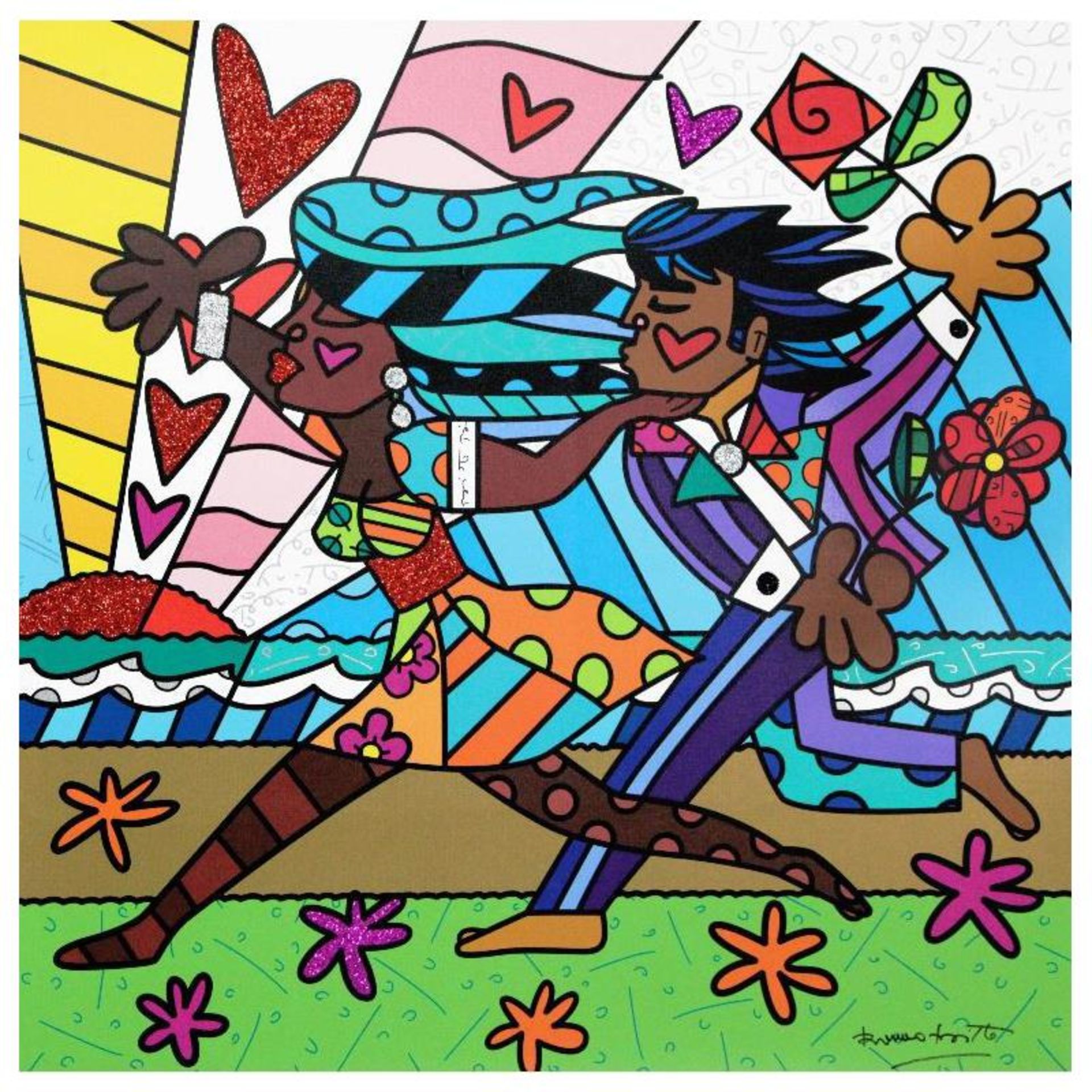 Romero Britto, "Amore Mio" Hand Signed Giclee on Canvas; Authenticated