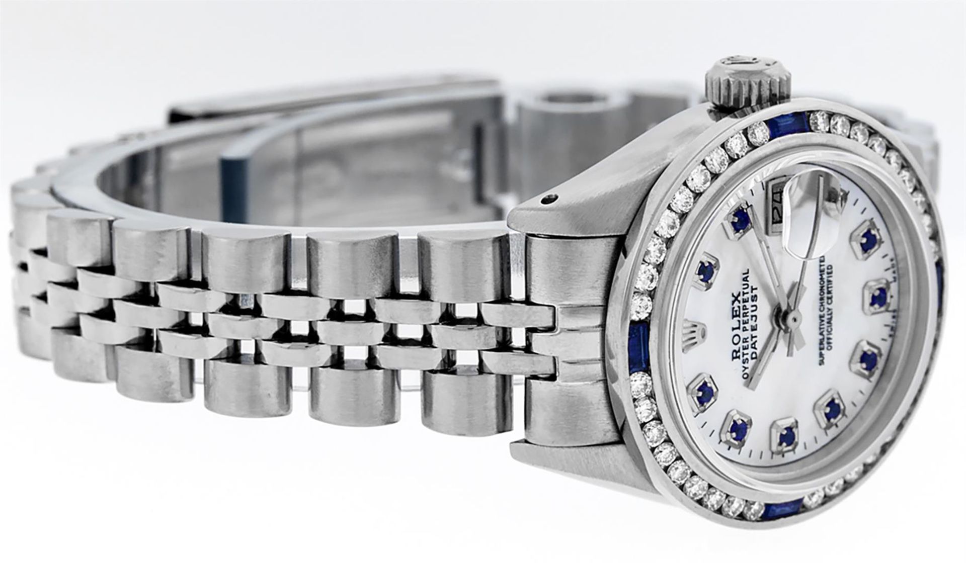 Rolex Ladies Stainless Steel MOP Diamond & Channel Set Sapphire Datejust Wristwa - Image 3 of 9