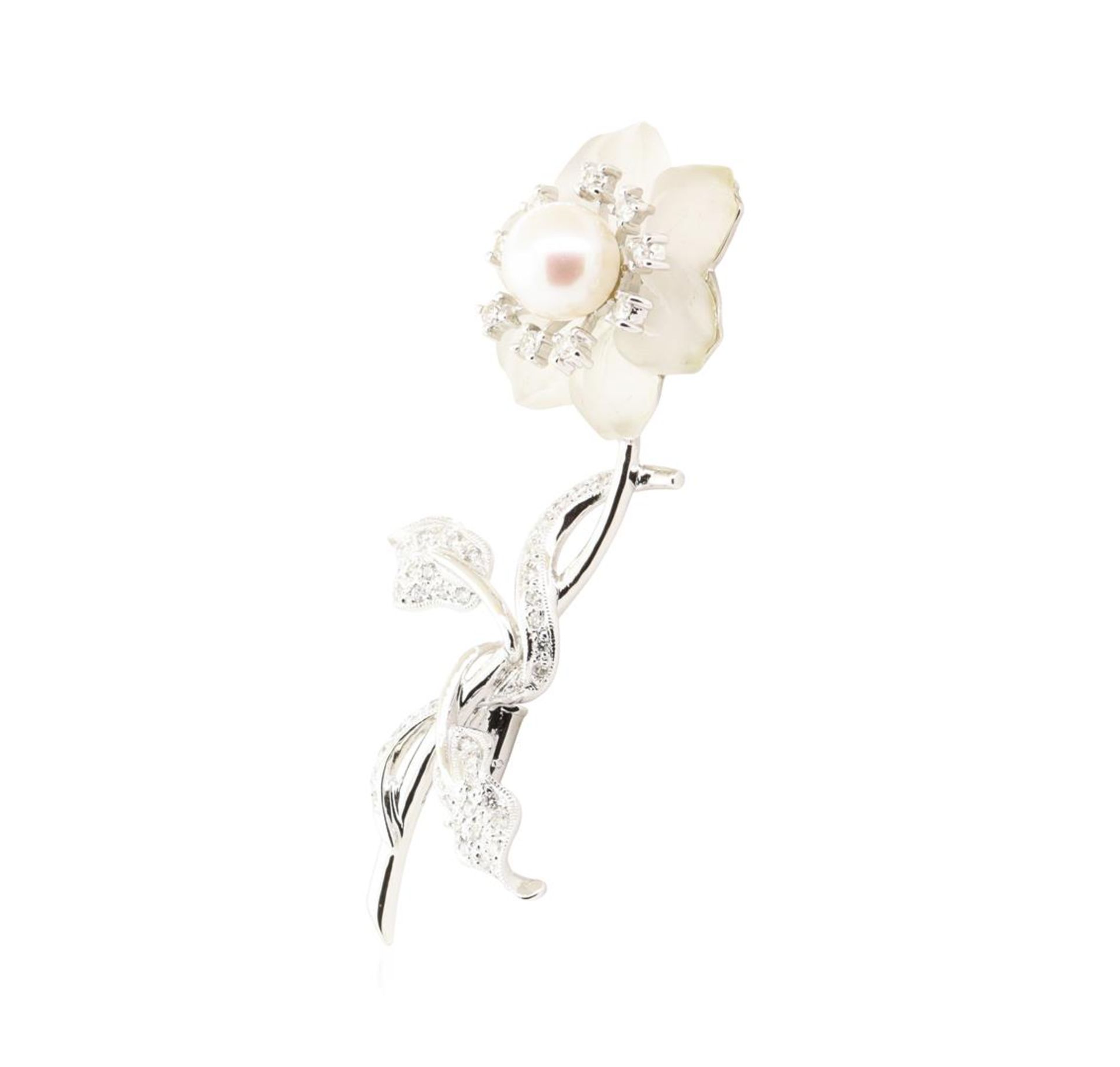 0.53 ctw Diamond and Pearl Flower Pin - 18KT White Gold - Image 2 of 3