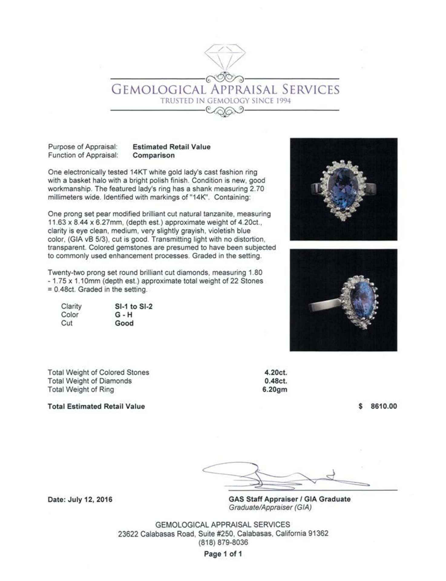 4.20 ctw Tanzanite and Diamond Ring - 14KT White Gold - Image 5 of 5