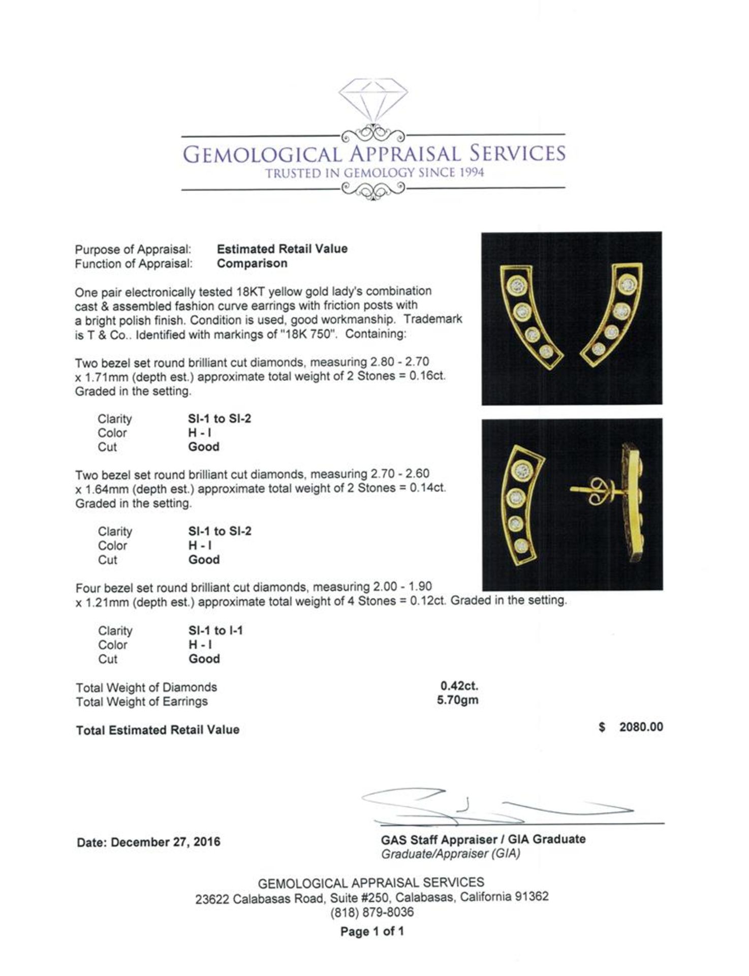 0.42 ctw Diamond Earrings - 18KT Yellow Gold - Image 3 of 3
