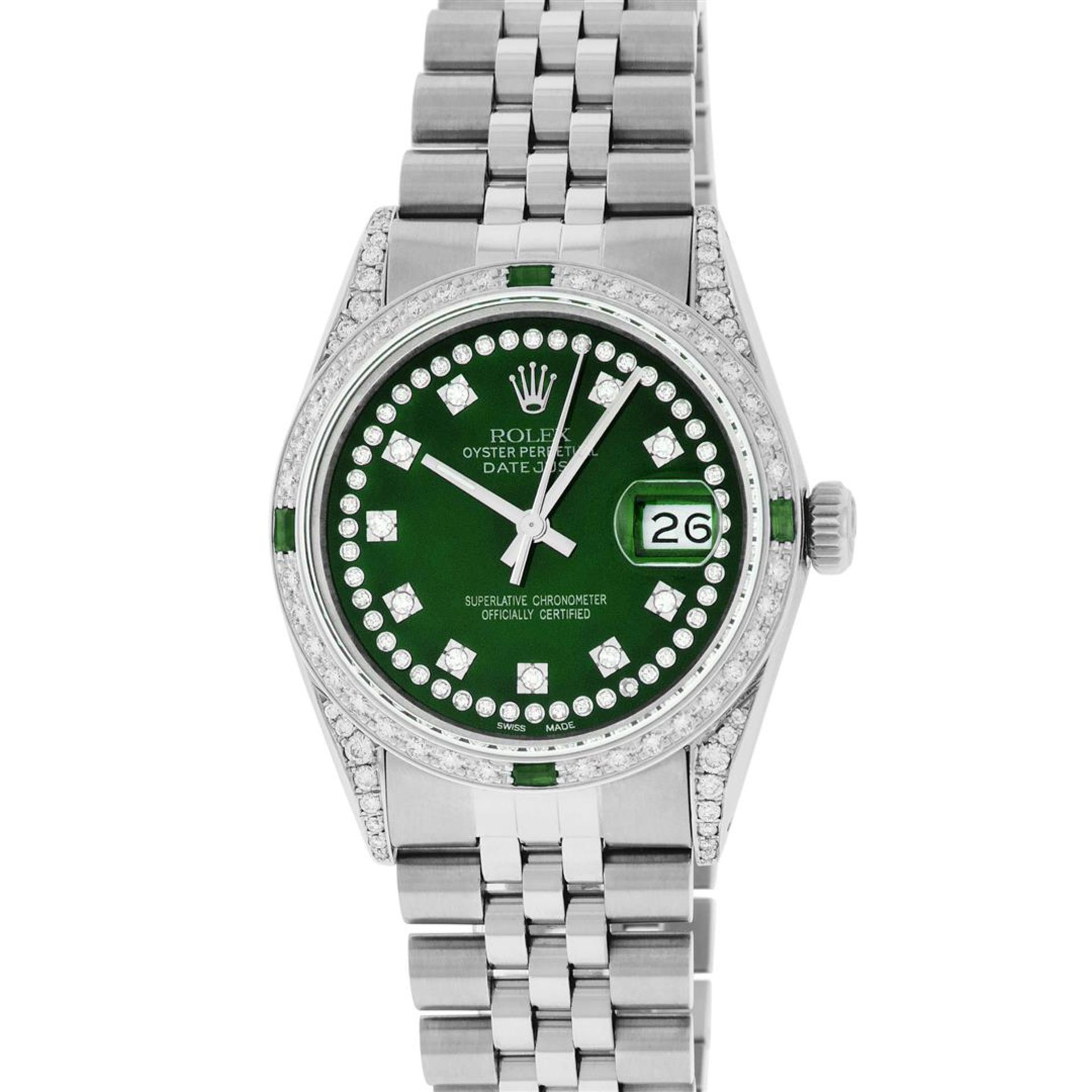 Rolex Mens Stainless Steel Green Diamond Lugs & Emerald Datejust Wristwatch - Image 2 of 9