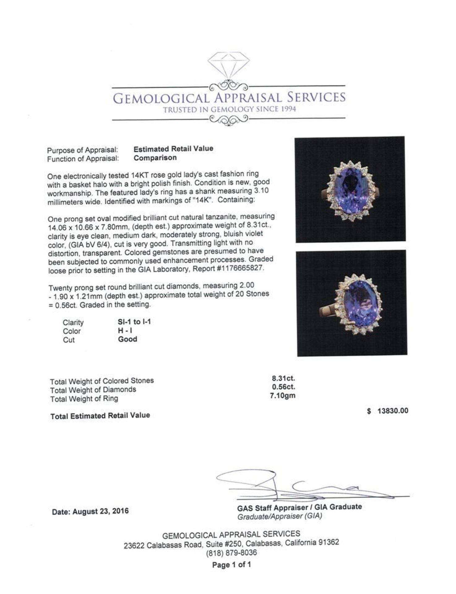 GIA Cert 8.31 ctw Tanzanite and Diamond Ring - 14KT Rose Gold - Image 5 of 6
