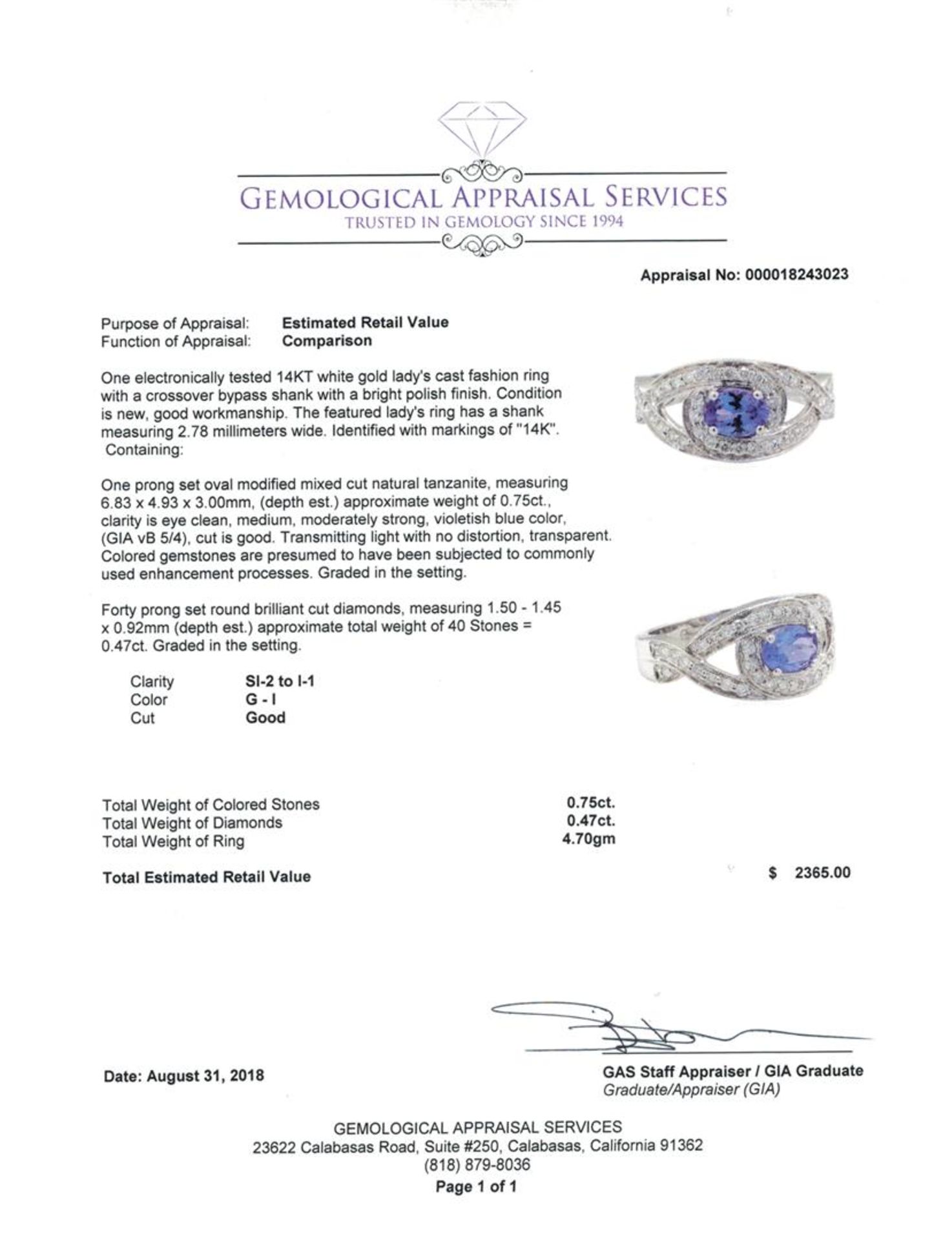 1.22 ctw Oval Mixed Tanzanite And Round Brilliant Cut Diamond Ring - 14KT White - Image 5 of 5