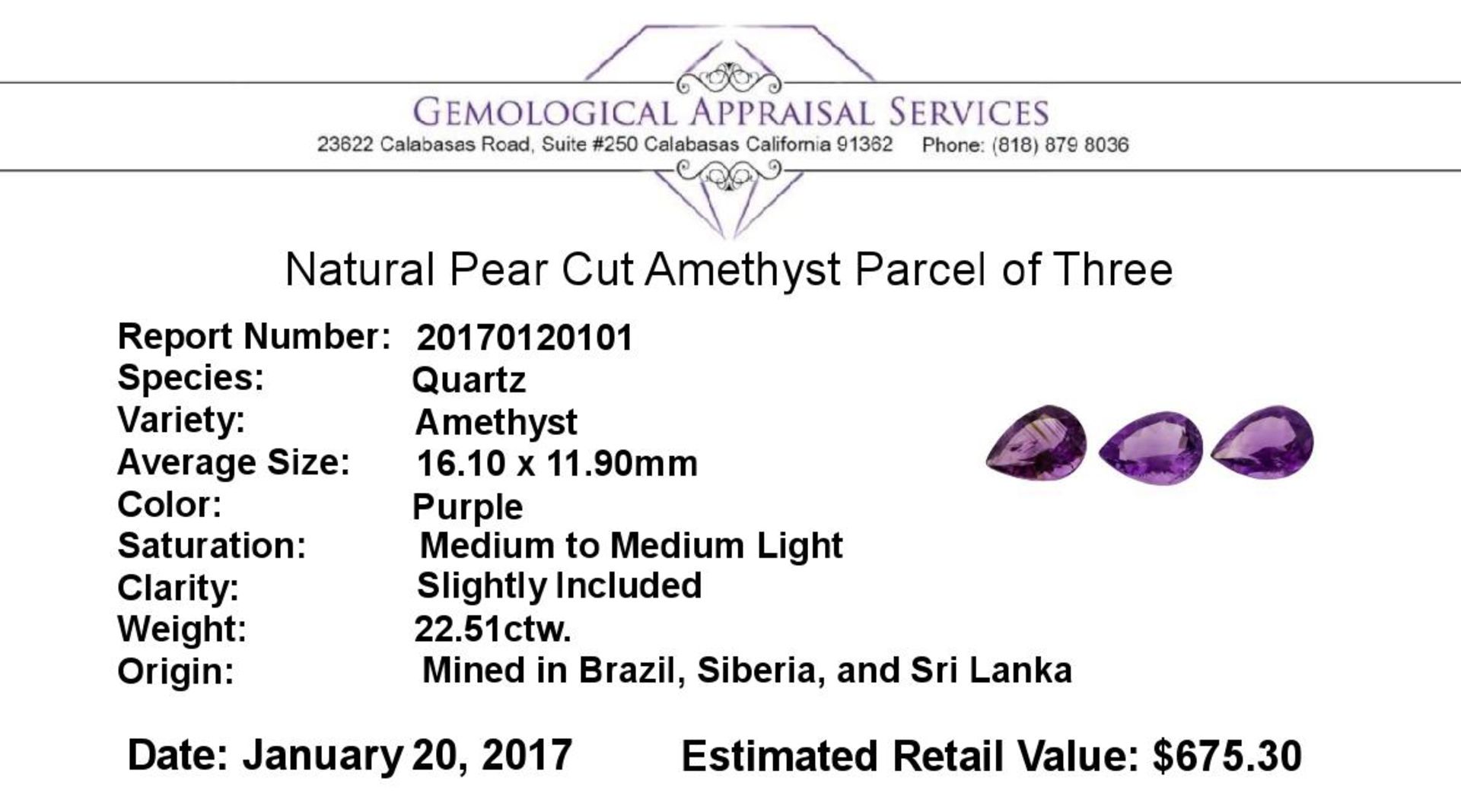 22.51ctw.Natural Pear Cut Amethyst Parcel of Three - Image 3 of 3