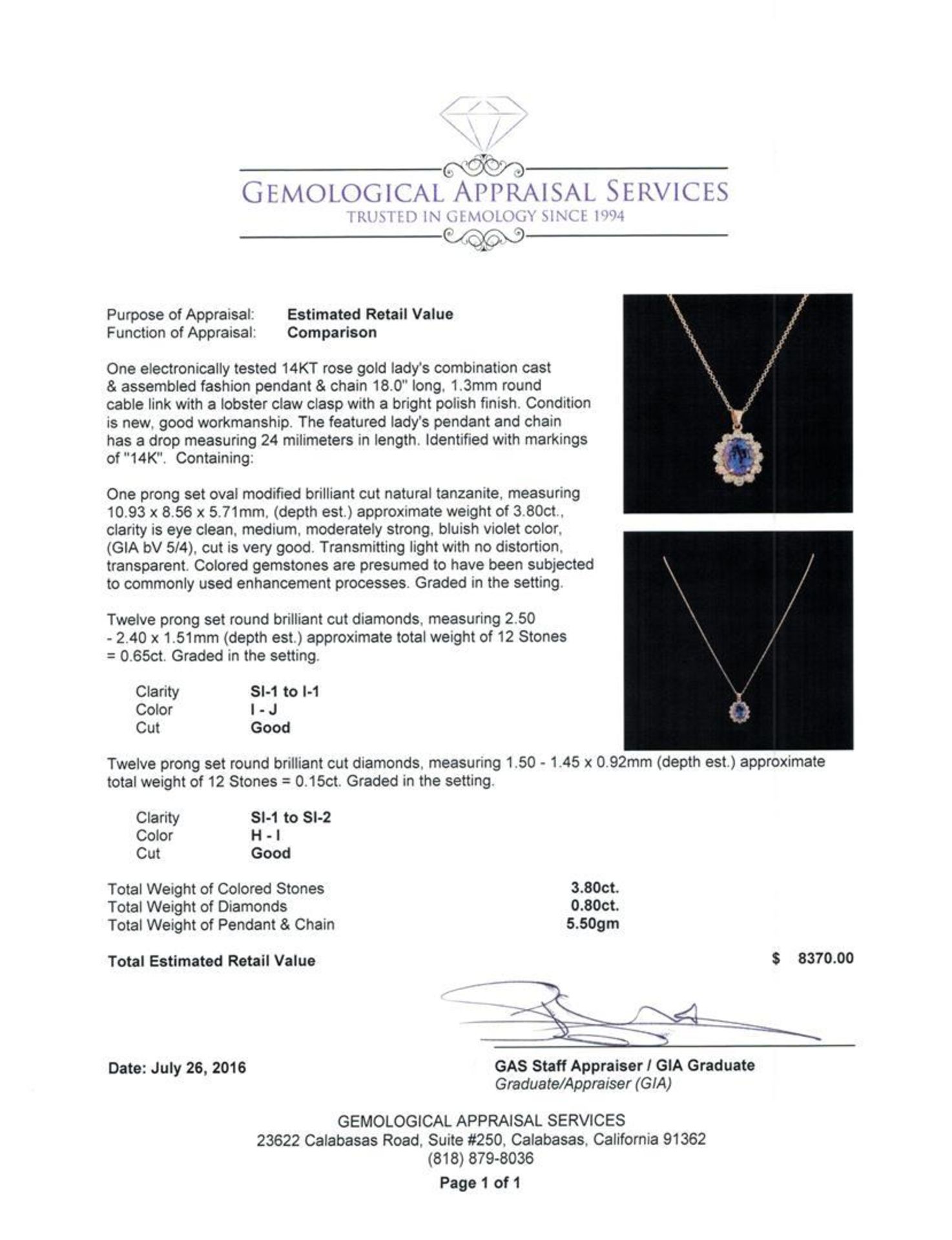 3.80 ctw Tanzanite and Diamond Pendant With Chain - 14KT Rose Gold - Image 3 of 3