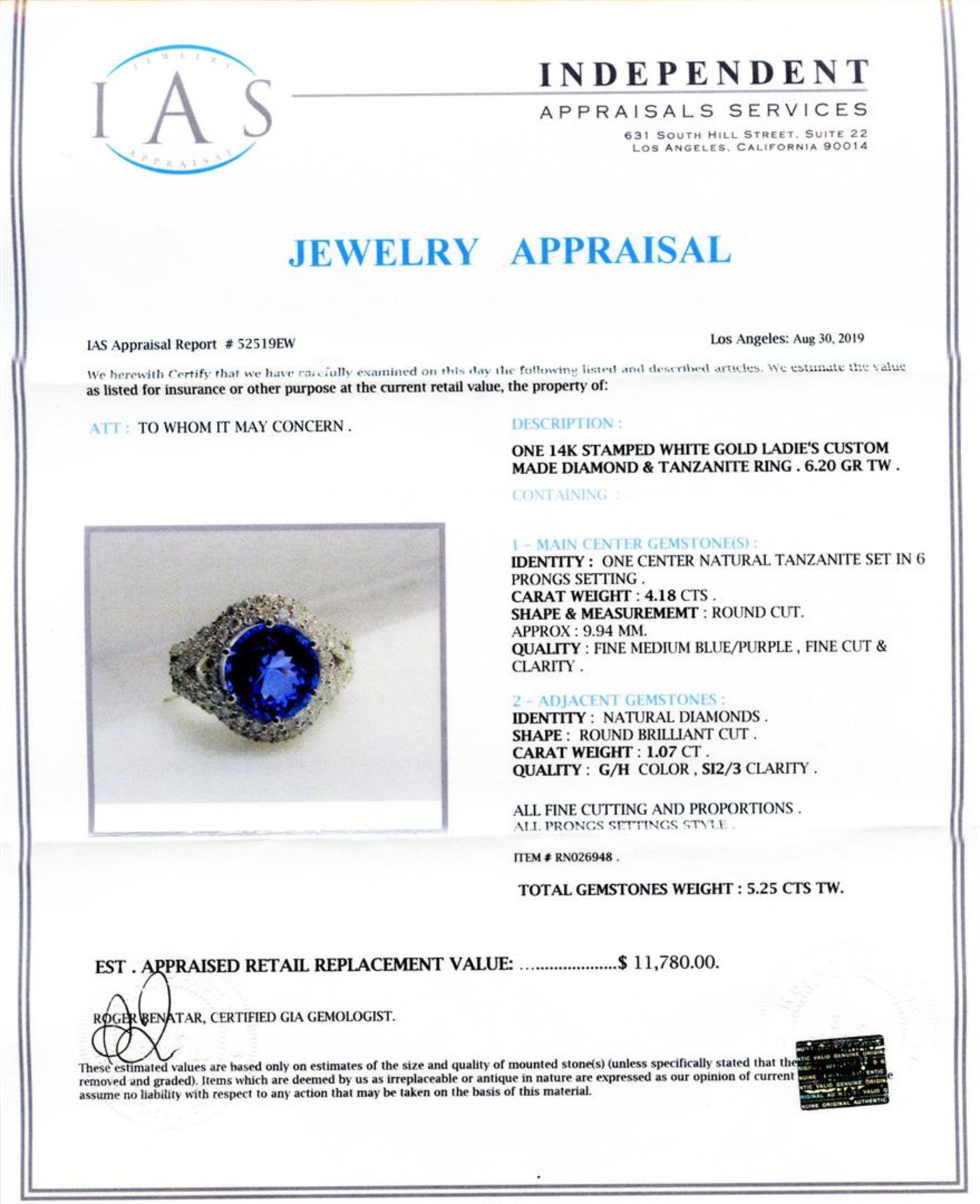 4.18ct Tanzanite and 1.07ctw Diamond 14K White Gold Ring - Image 4 of 4