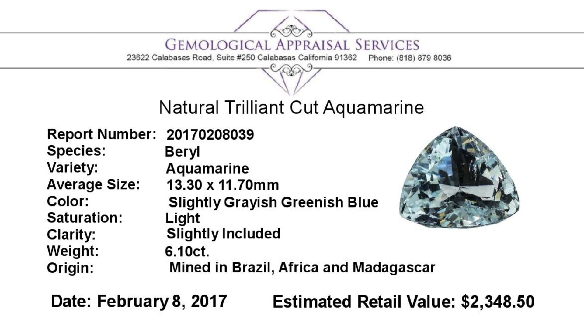6.10ct.Natural Trilliant Cut Aquamarine - Image 2 of 2