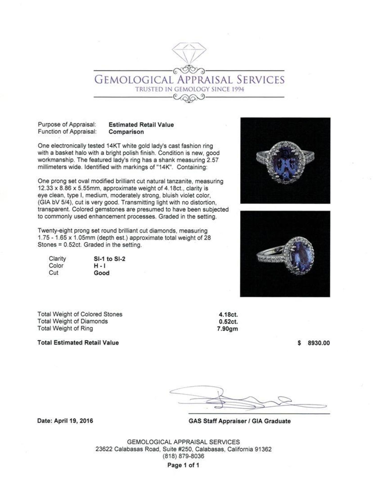 4.18ct Tanzanite and Diamond Ring - 14KT White Gold - Image 5 of 5