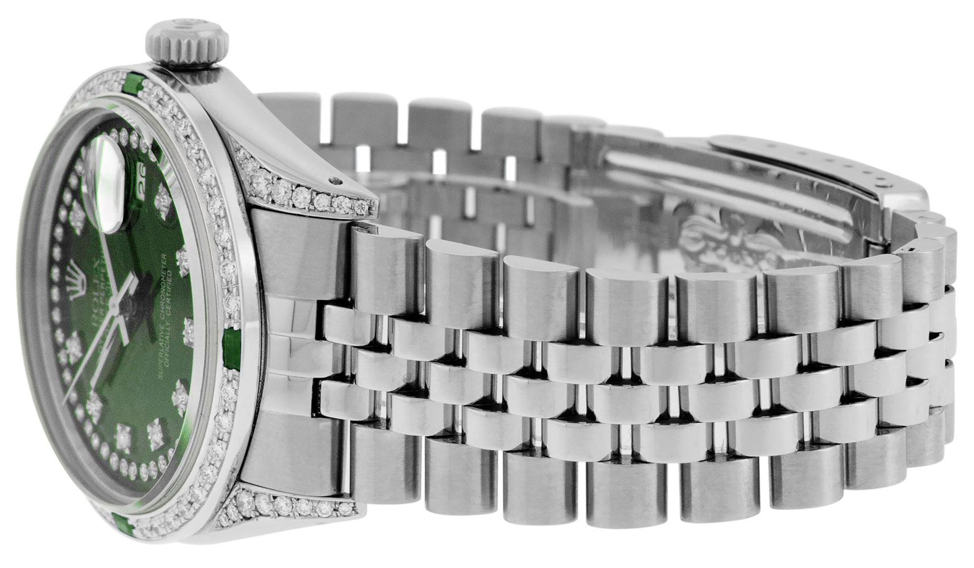 Rolex Mens Stainless Steel Green Diamond Lugs & Emerald Datejust Wristwatch - Image 9 of 9