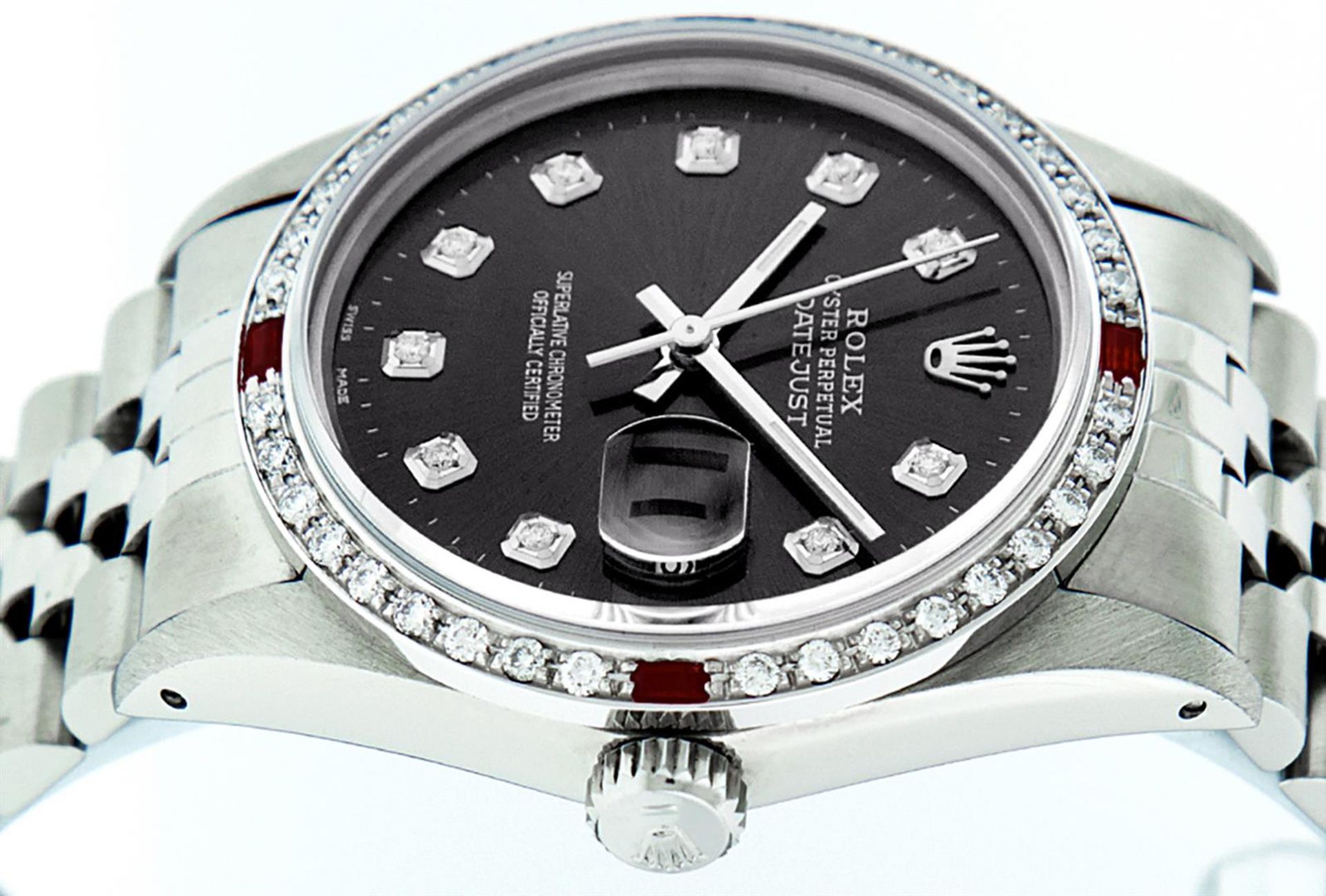 Rolex Mens Stainless Steel Black Diamond & Ruby 36MM Datejust Wristwatch Oyster - Image 4 of 9
