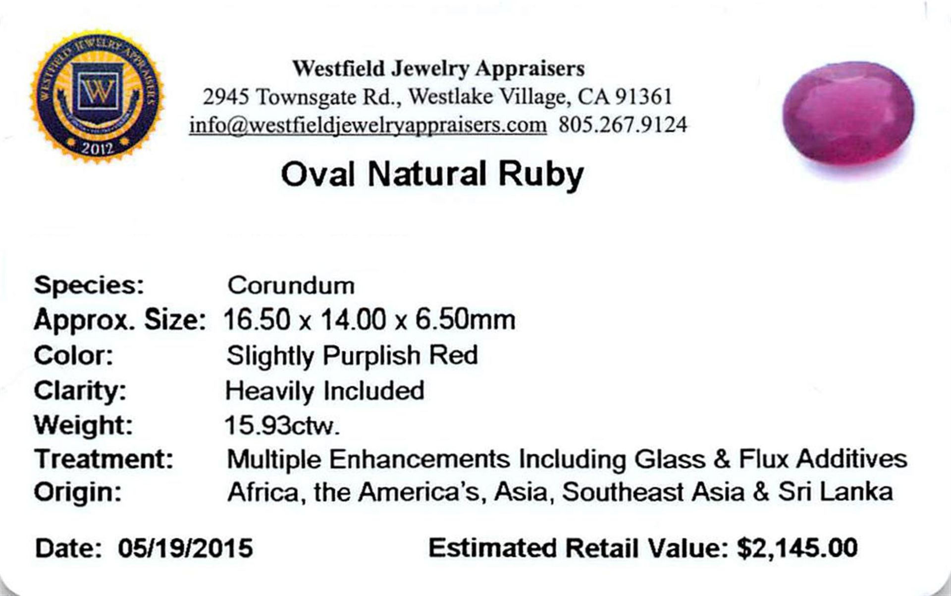 15.93 ctw Oval Ruby Parcel - Image 2 of 2