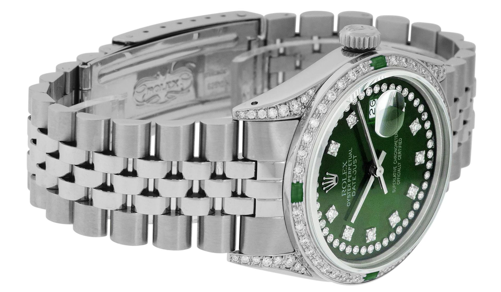 Rolex Mens Stainless Steel Green Diamond Lugs & Emerald Datejust Wristwatch - Image 4 of 9