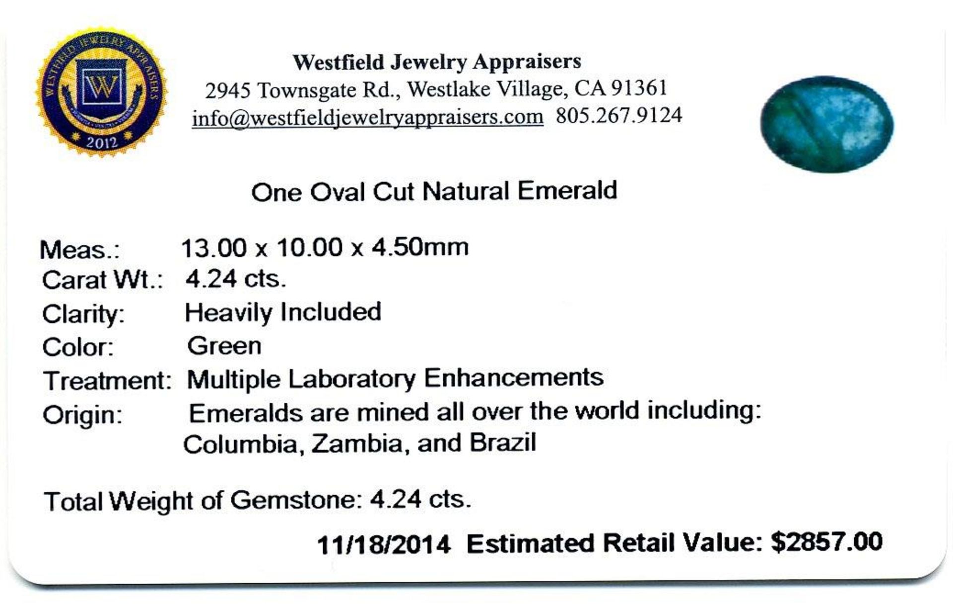 4.24 ct. One Oval Cut Natural Emerald - Image 2 of 2