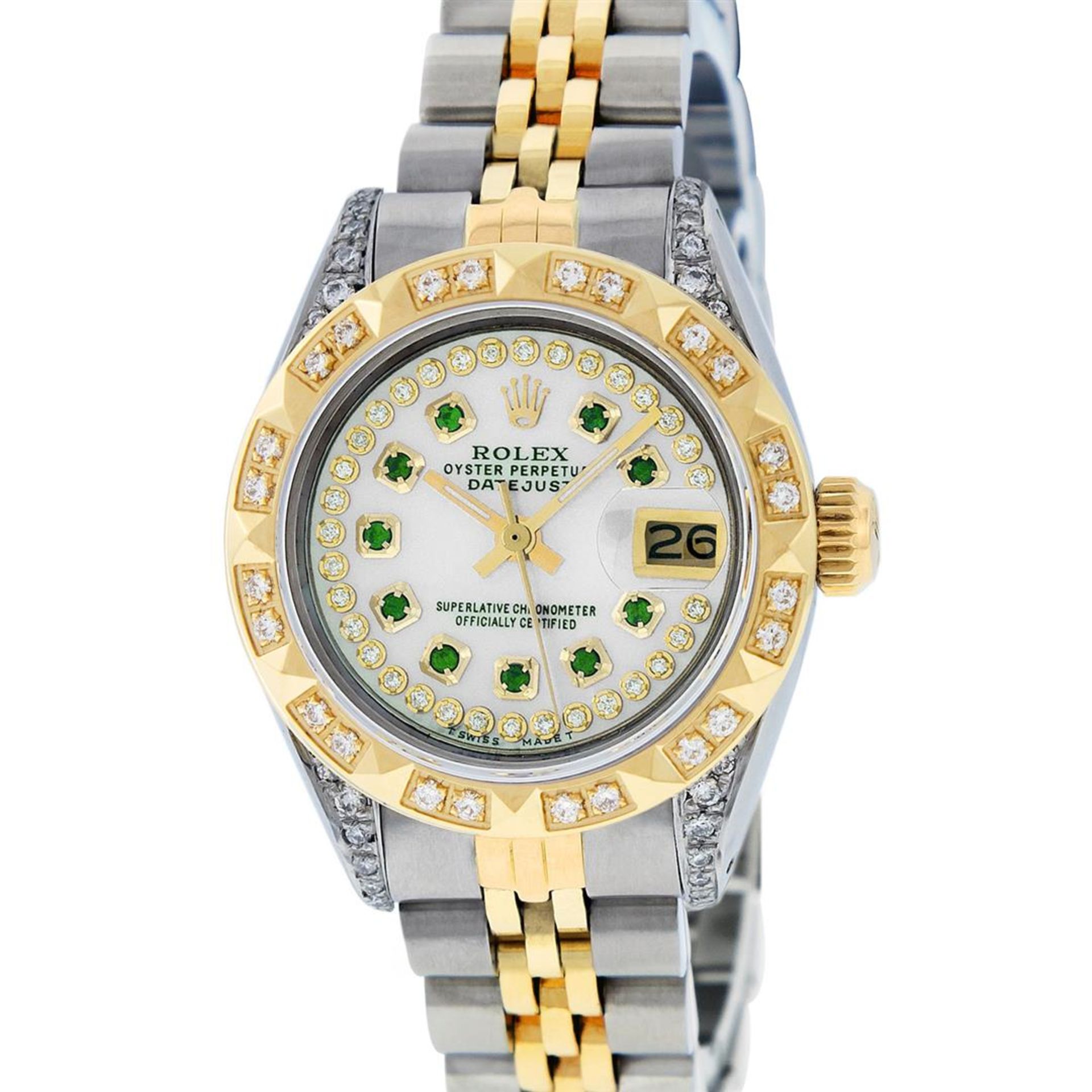 Rolex Ladies 2 Tone MOP Emerald & Pyramid Diamond Diamond Datejust Wriswatch - Image 2 of 7