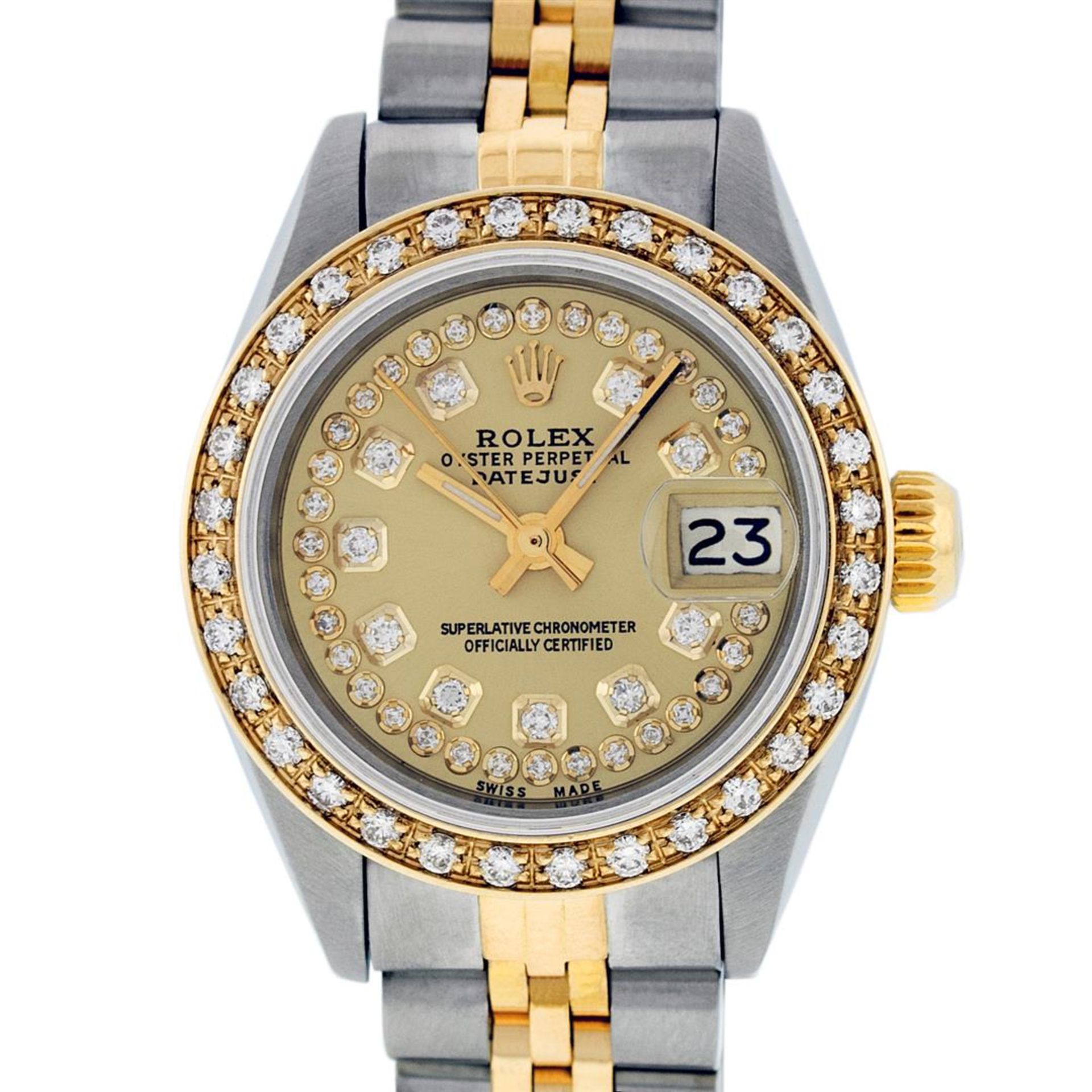 Rolex Ladies 2 Tone Champagne String Diamond Datejust Wristwatch