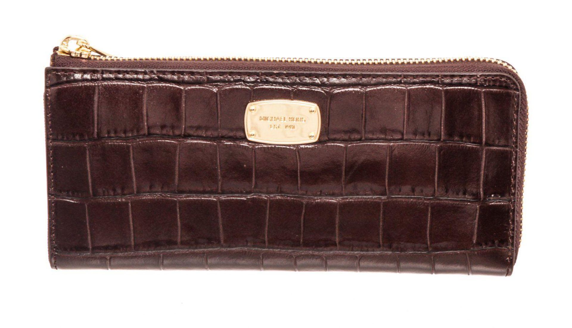Michael Kors Brown Crocodile Embossed Leather Zippy Wallet