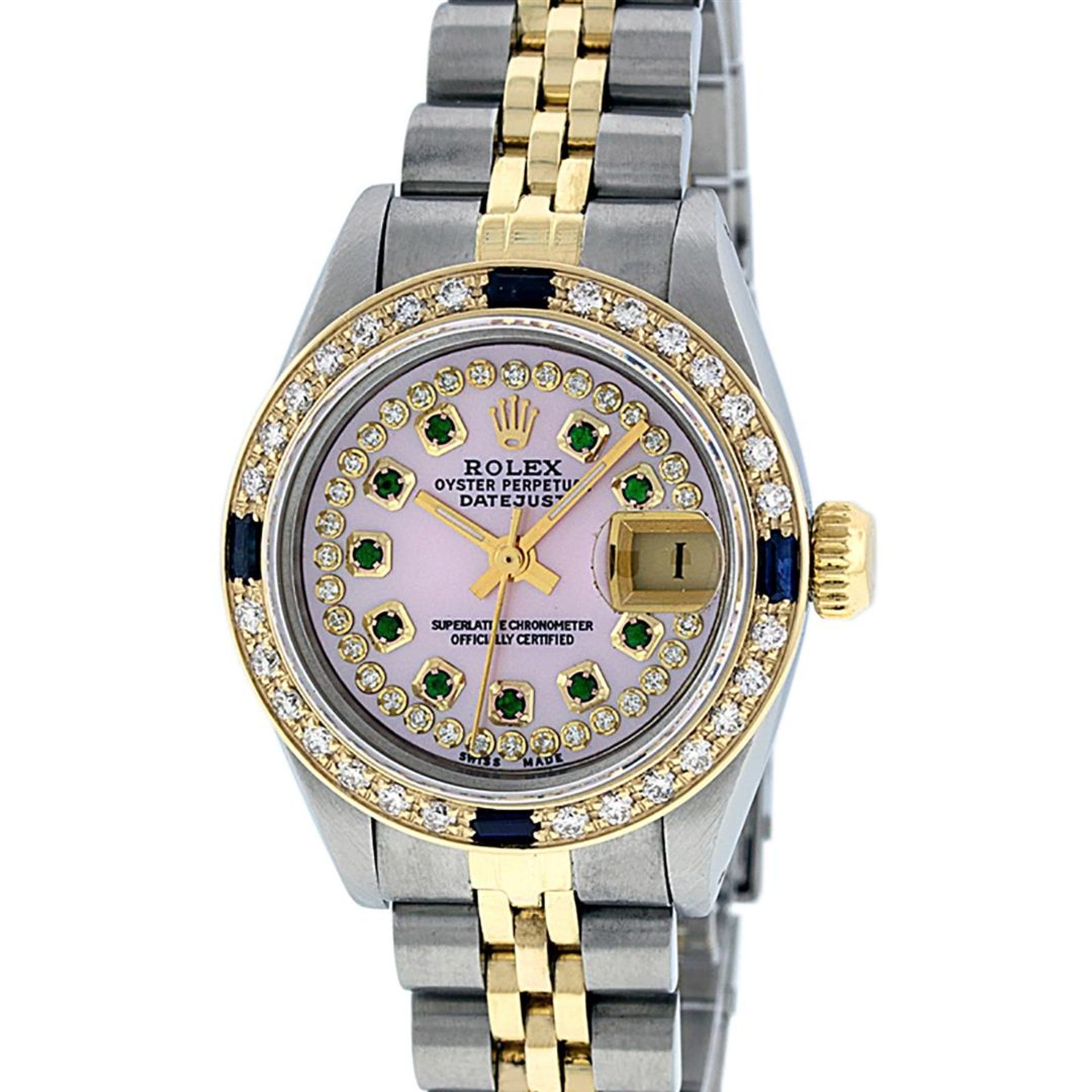 Rolex Ladies 2 Tone Pink MOP Emerald & Sapphire Datejust Wriswatch 26MM - Image 5 of 9