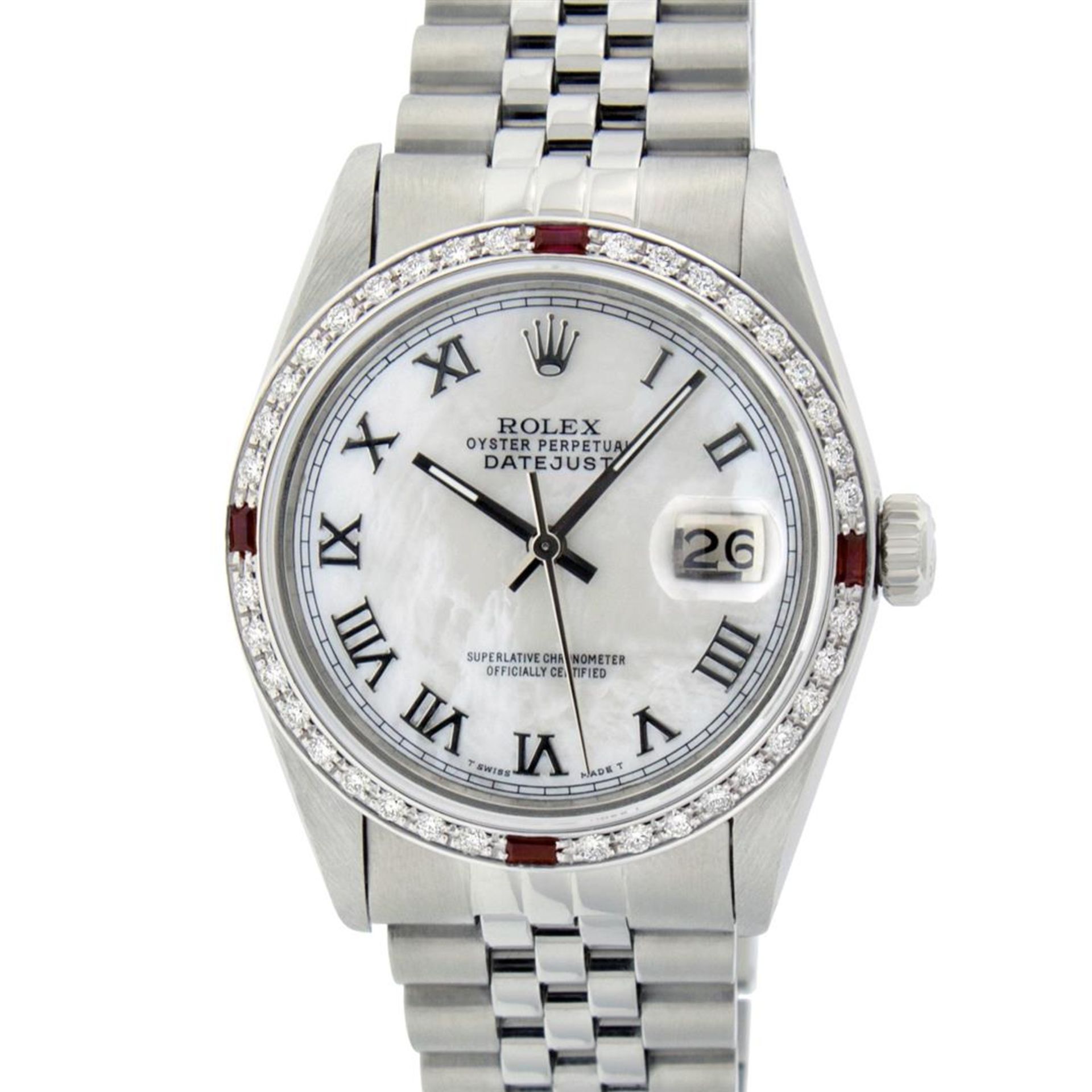 Rolex Mens Stainless Steel Silver MOP Roman 36MM Diamond & Ruby Datejust Wristwa - Image 2 of 9