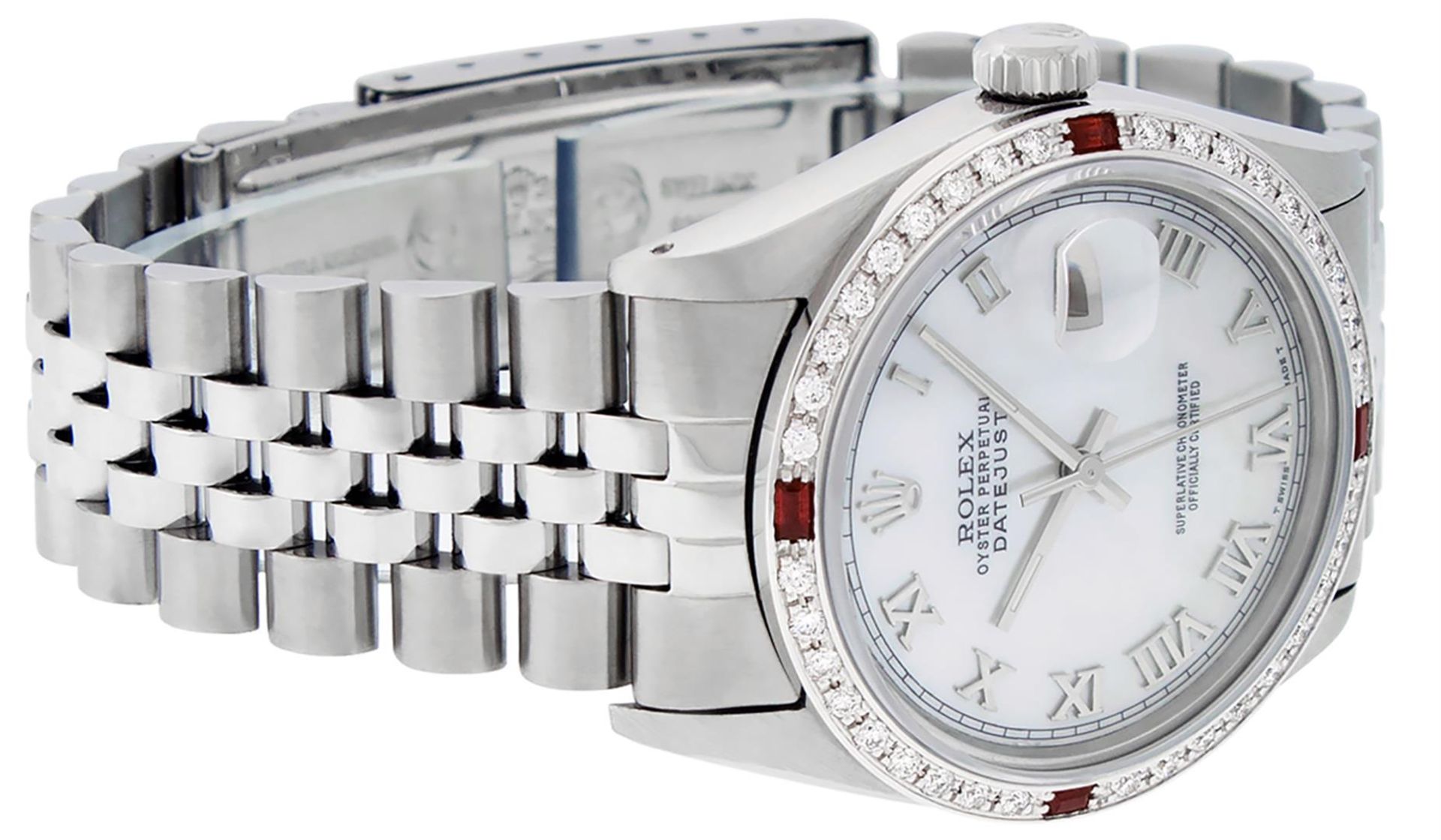 Rolex Mens Stainless Steel Silver MOP Roman 36MM Diamond & Ruby Datejust Wristwa - Image 4 of 9