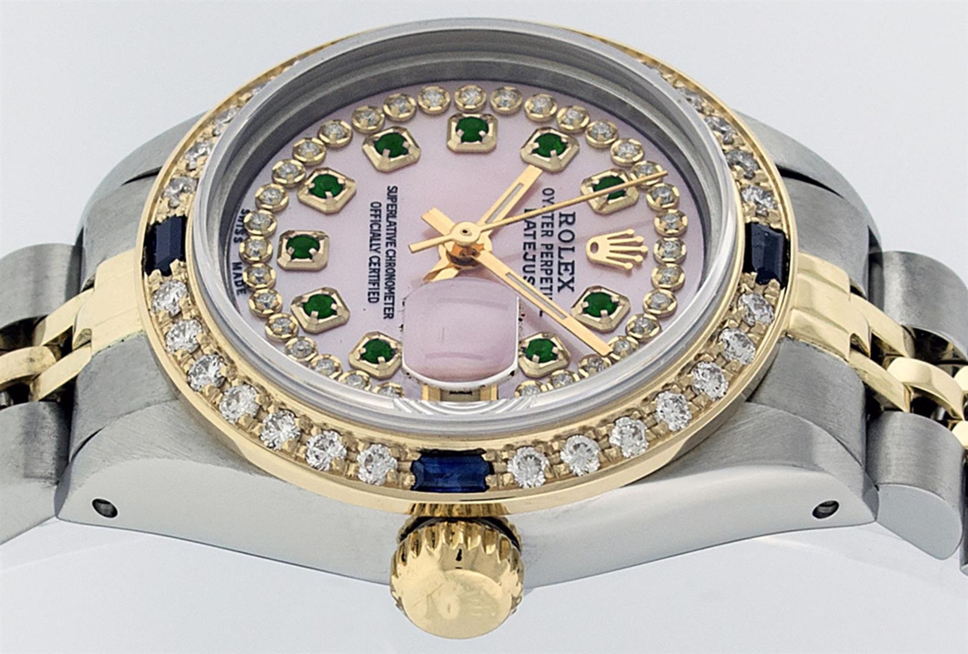 Rolex Ladies 2 Tone Pink MOP Emerald & Sapphire Datejust Wriswatch 26MM - Image 6 of 9