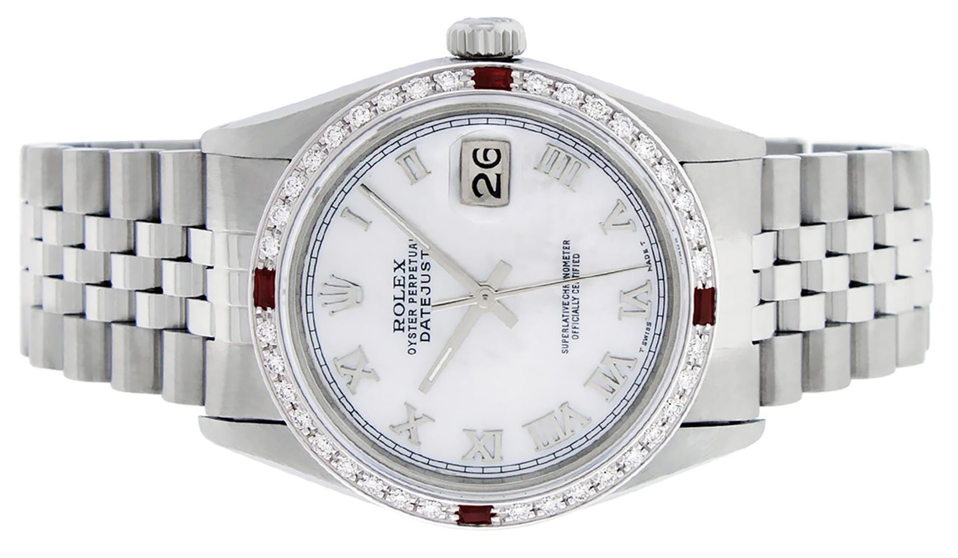 Rolex Mens Stainless Steel Silver MOP Roman 36MM Diamond & Ruby Datejust Wristwa - Image 3 of 9