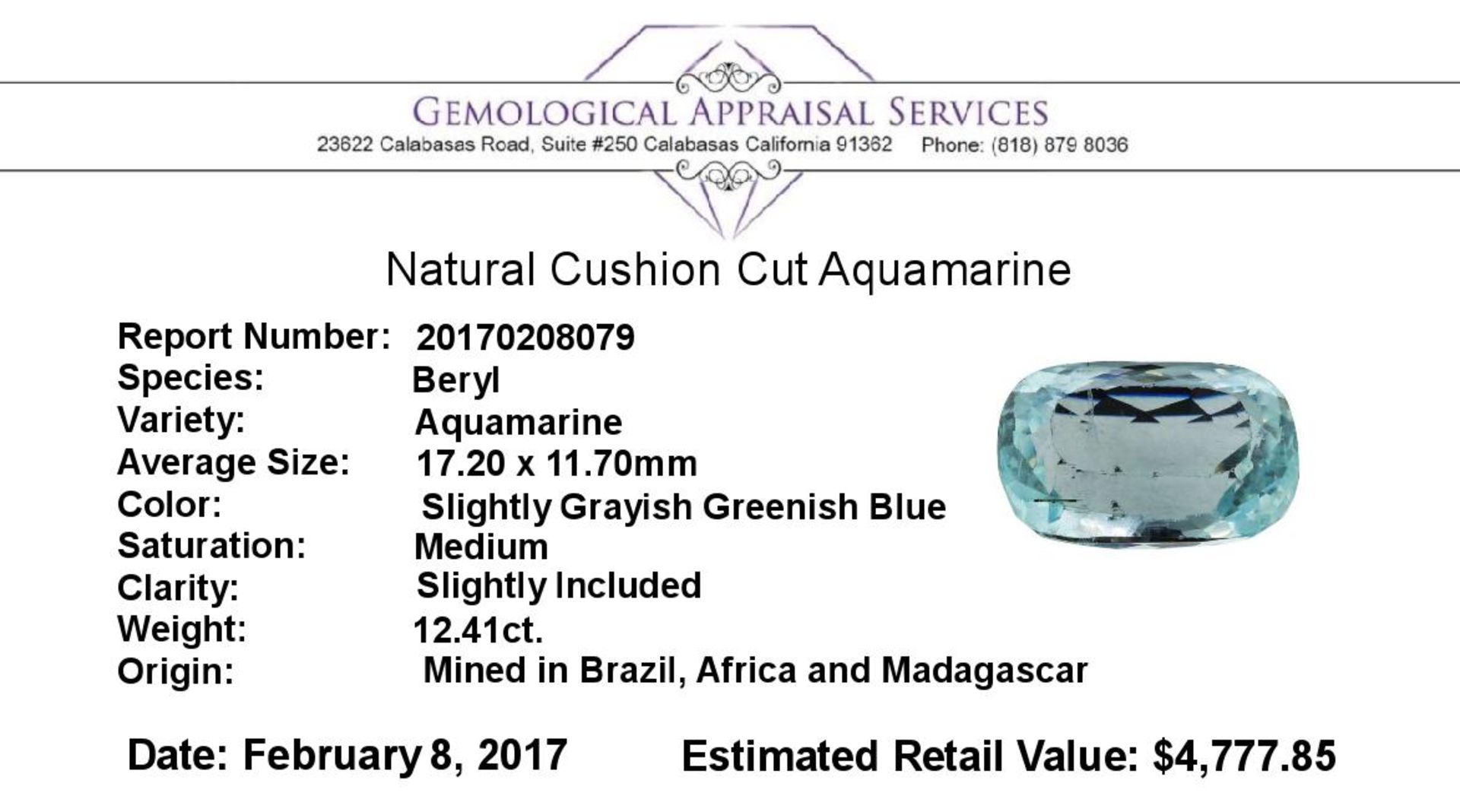 12.41ct.Natural Cushion Cut Aquamarine - Image 2 of 2