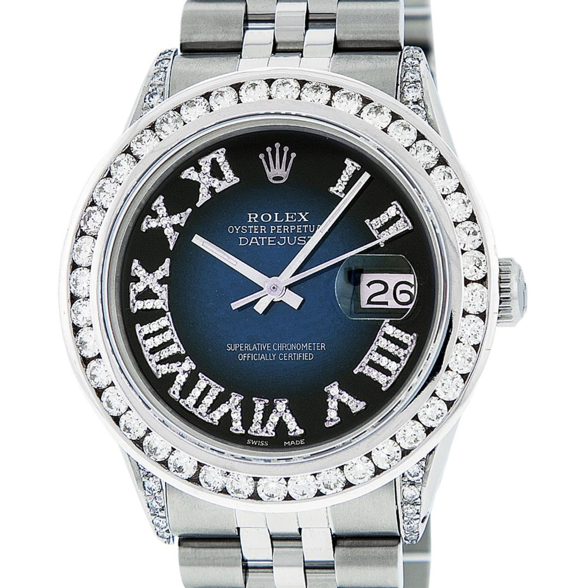 Rolex Mens Stainless Steel Blue Vignette Roman 3ctw Diamond Datejust Wristwatch